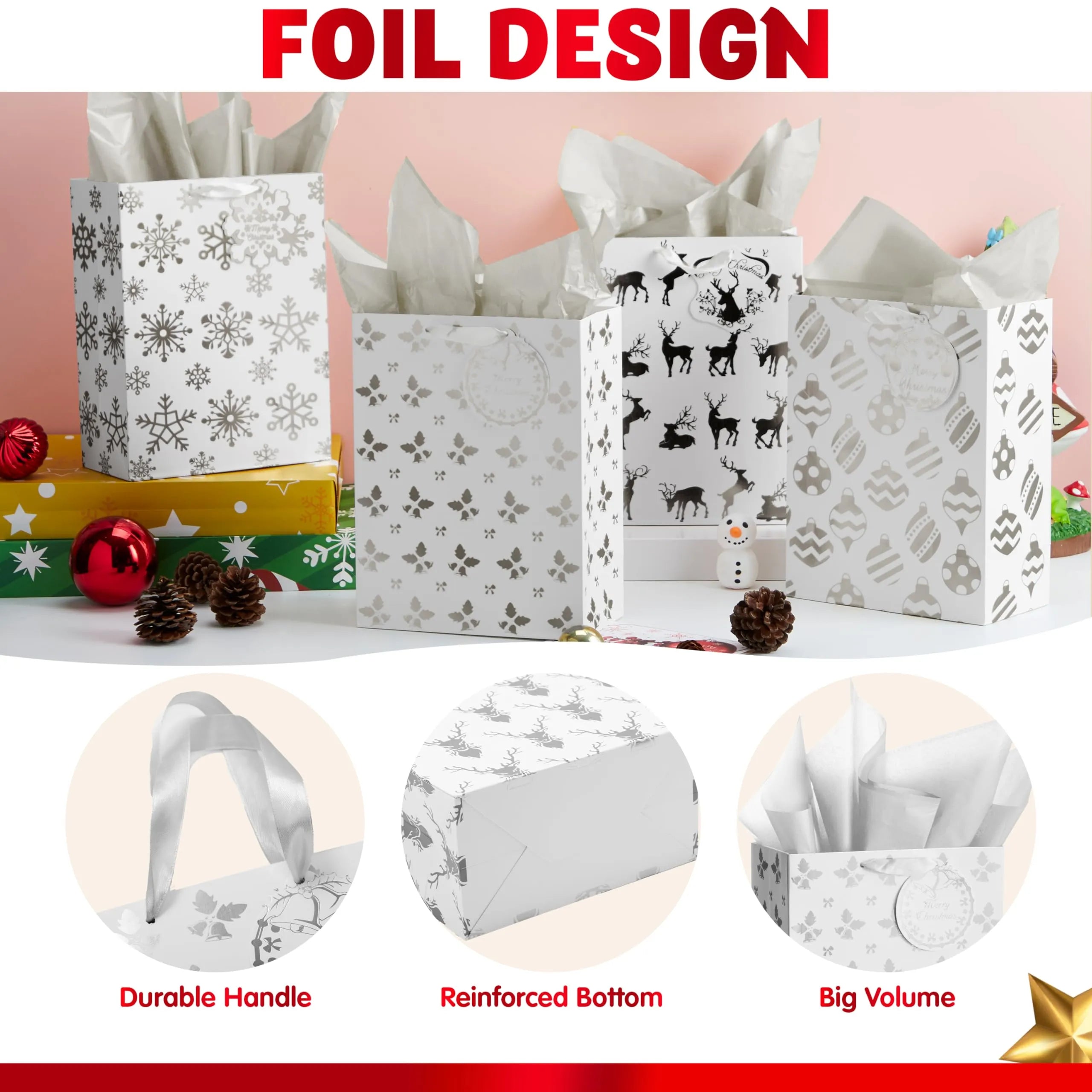 12 PCS Christmas Holiday Foil Silver Gift Bags 8in x4.5in x10.5in - Image 7