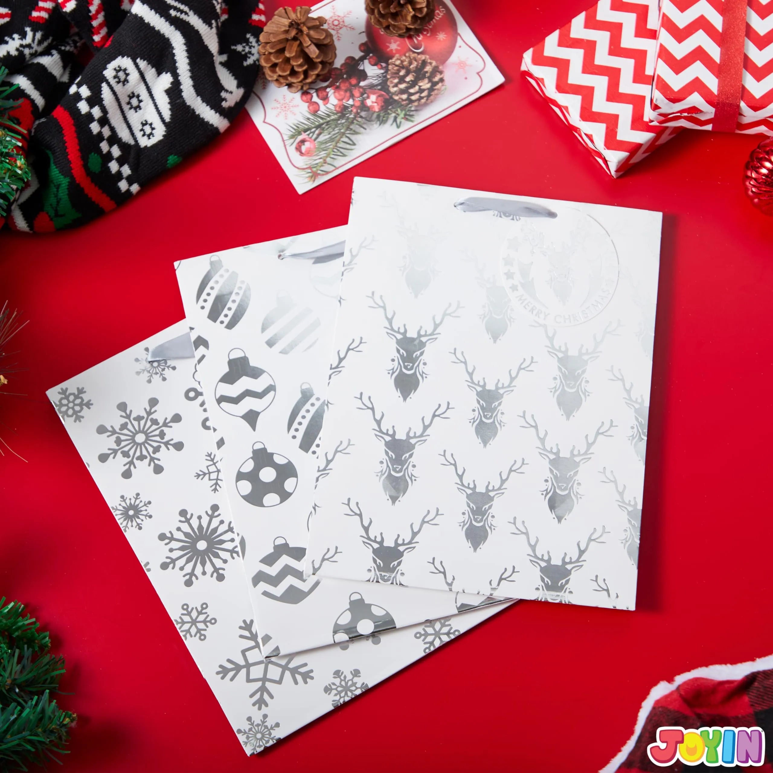 12 PCS Christmas Holiday Foil Silver Gift Bags 8in x4.5in x10.5in - Image 3