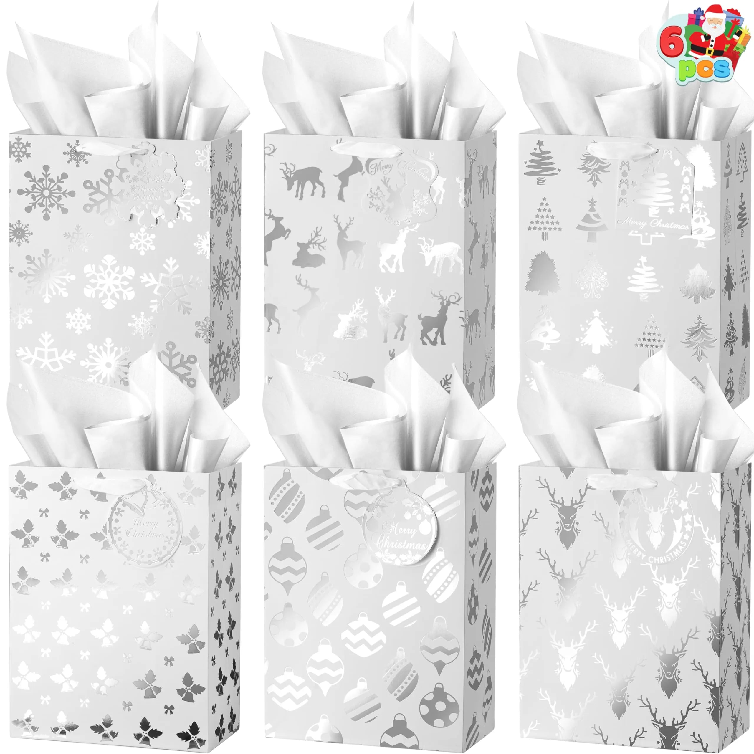 12 PCS Christmas Holiday Foil Silver Gift Bags 8in x4.5in x10.5in