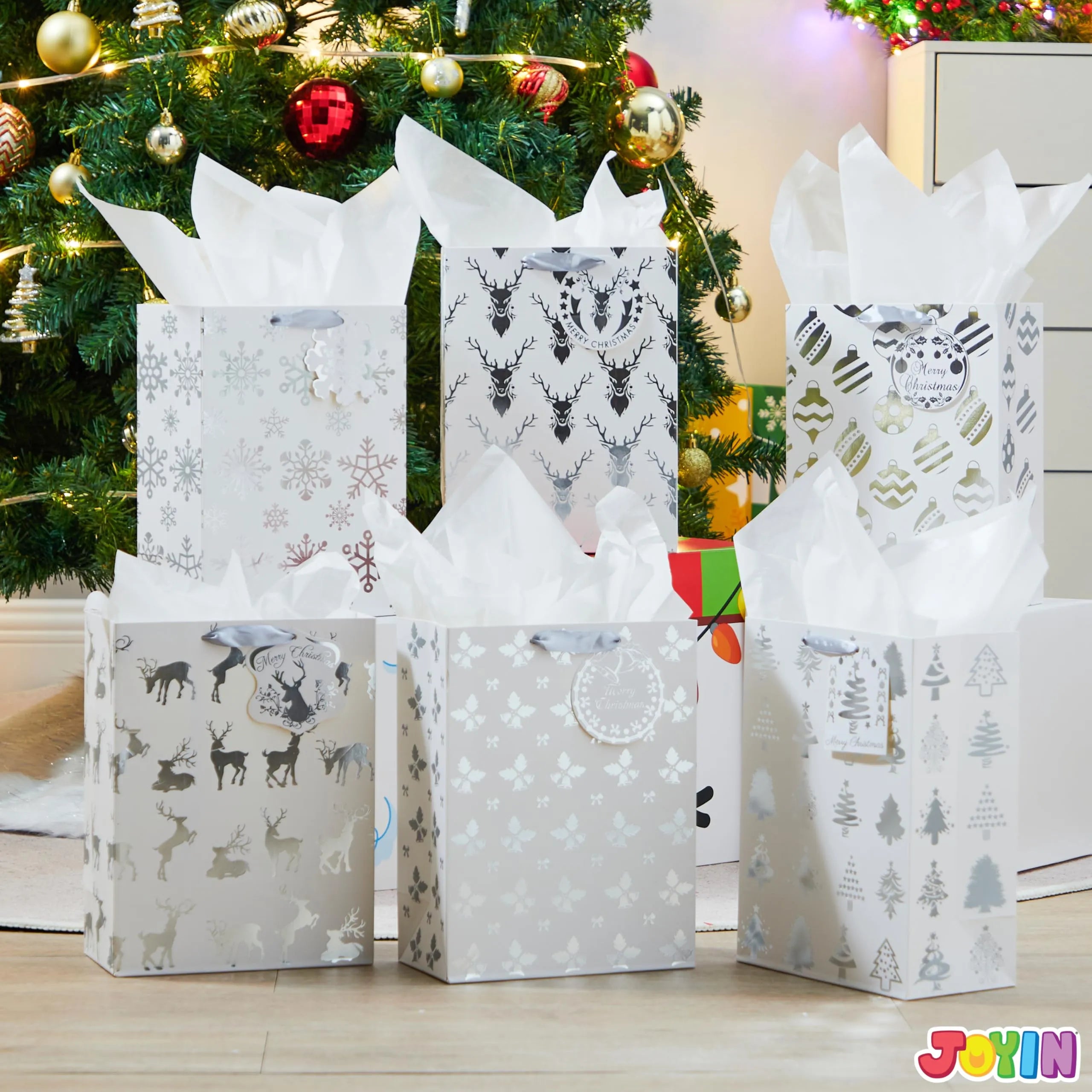 12 PCS Christmas Holiday Foil Silver Gift Bags 8in x4.5in x10.5in - Image 6