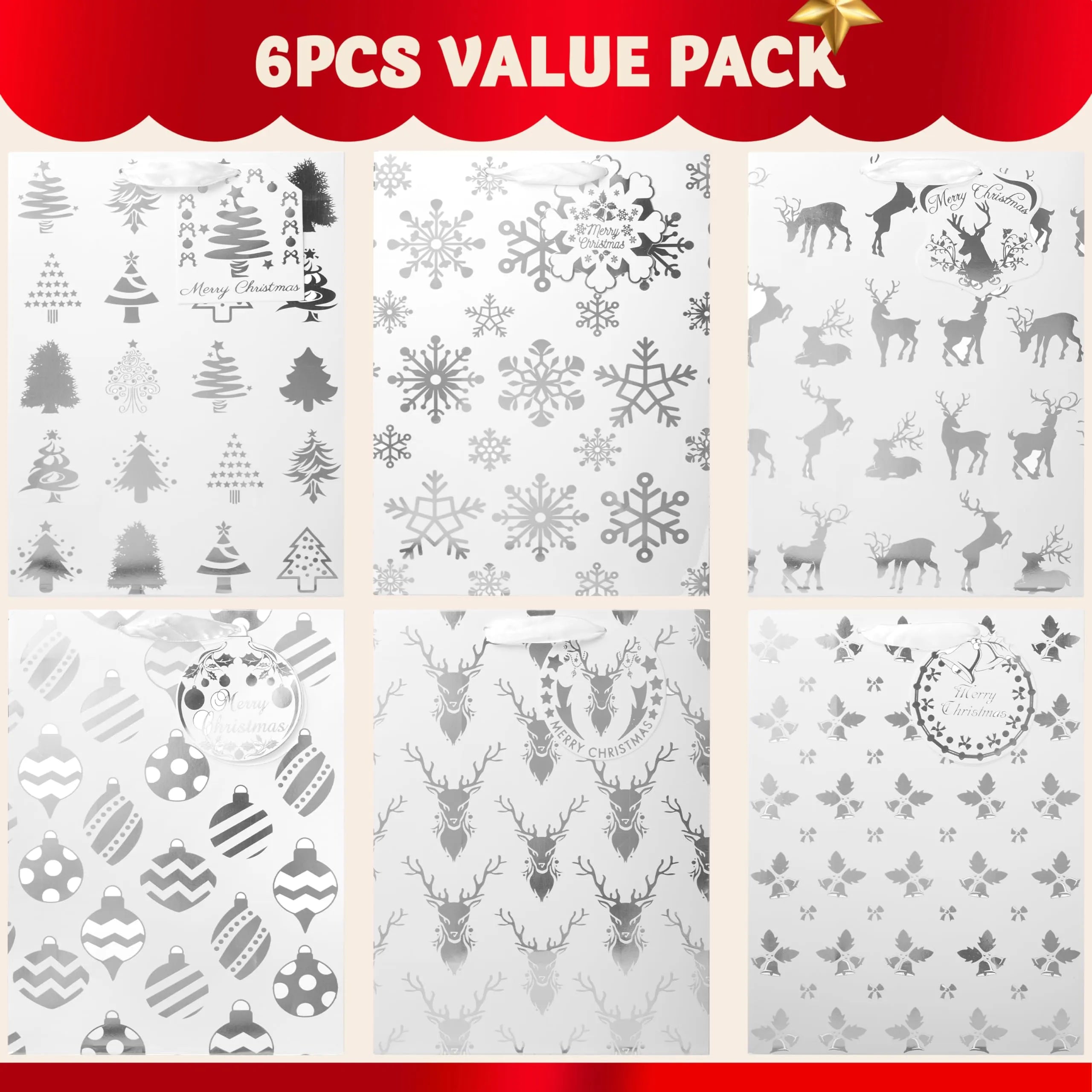 12 PCS Christmas Holiday Foil Silver Gift Bags 8in x4.5in x10.5in - Image 2