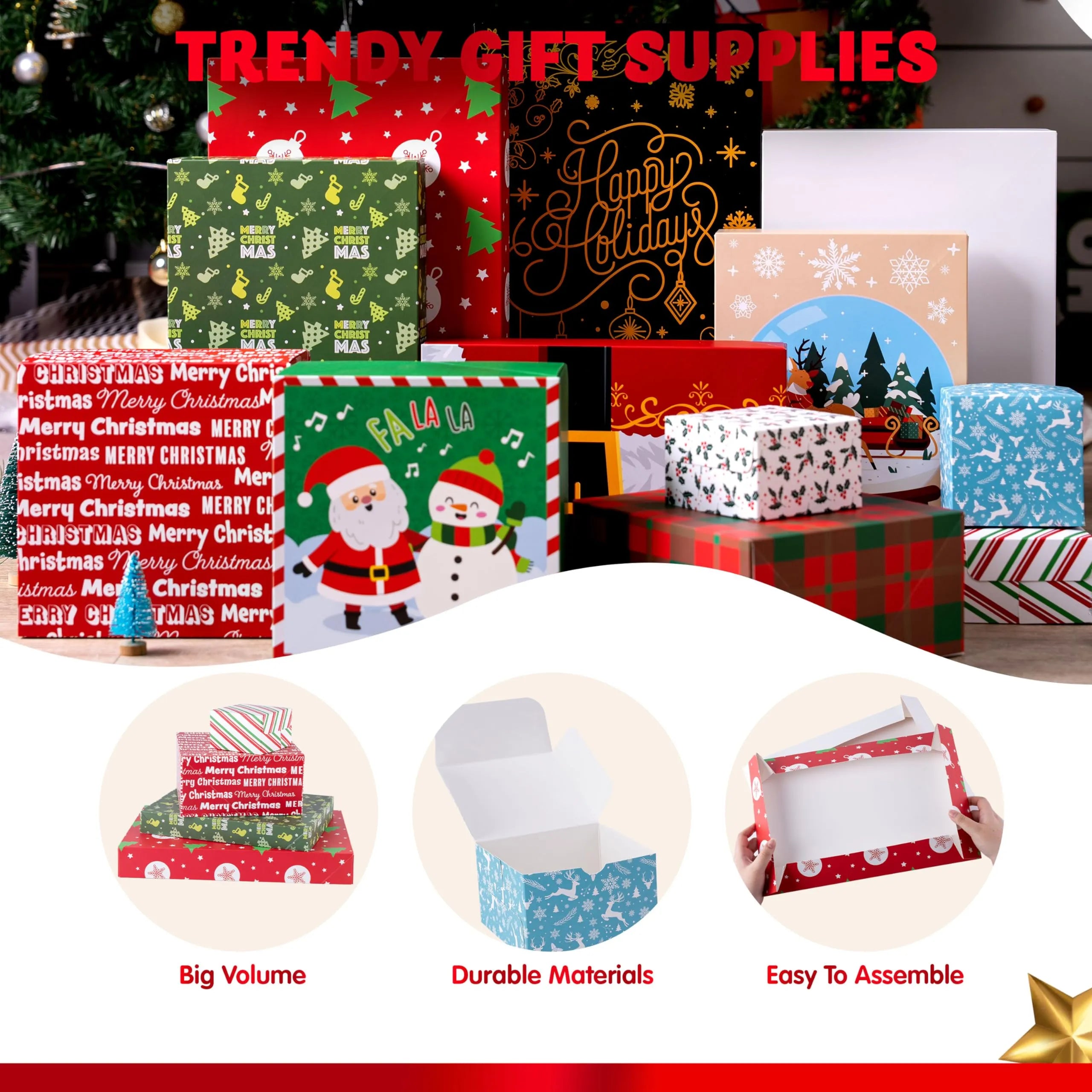 12Pcs 4 Size 12 Christmas Tone Pattern Designs Assorted Wrap Gift Set of Boxes - Image 2