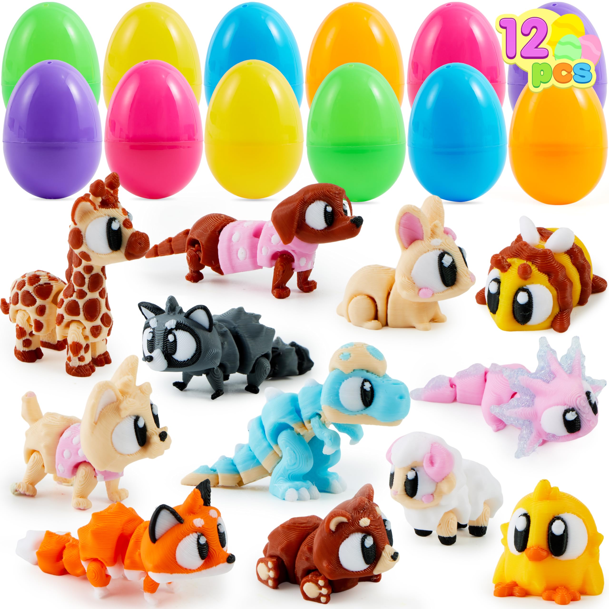 12Pcs Eggs Prefilled with 3D Printed Big Eye Animal Toys For Kids Party Favors