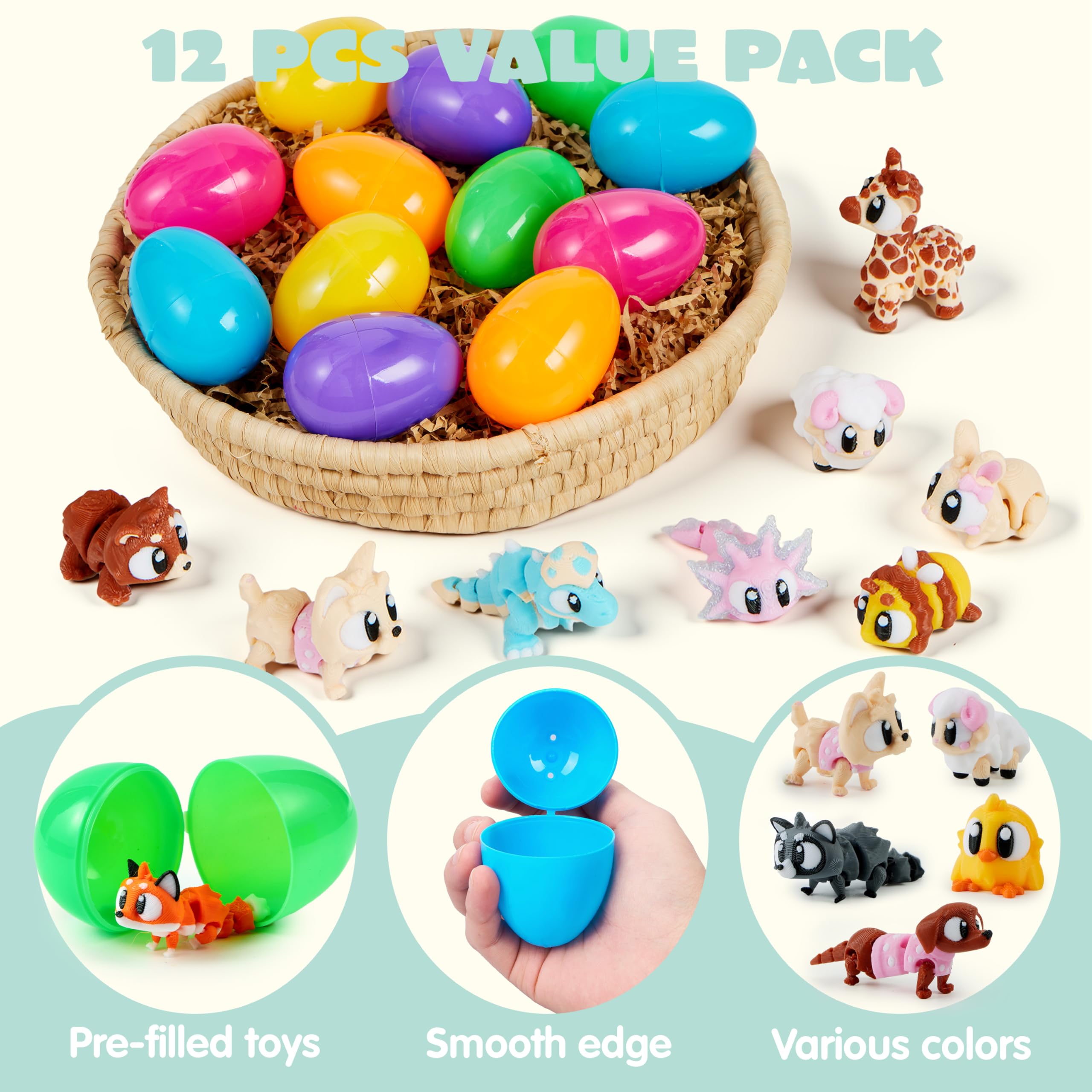 12Pcs Eggs Prefilled with 3D Printed Big Eye Animal Toys For Kids Party Favors - Image 3