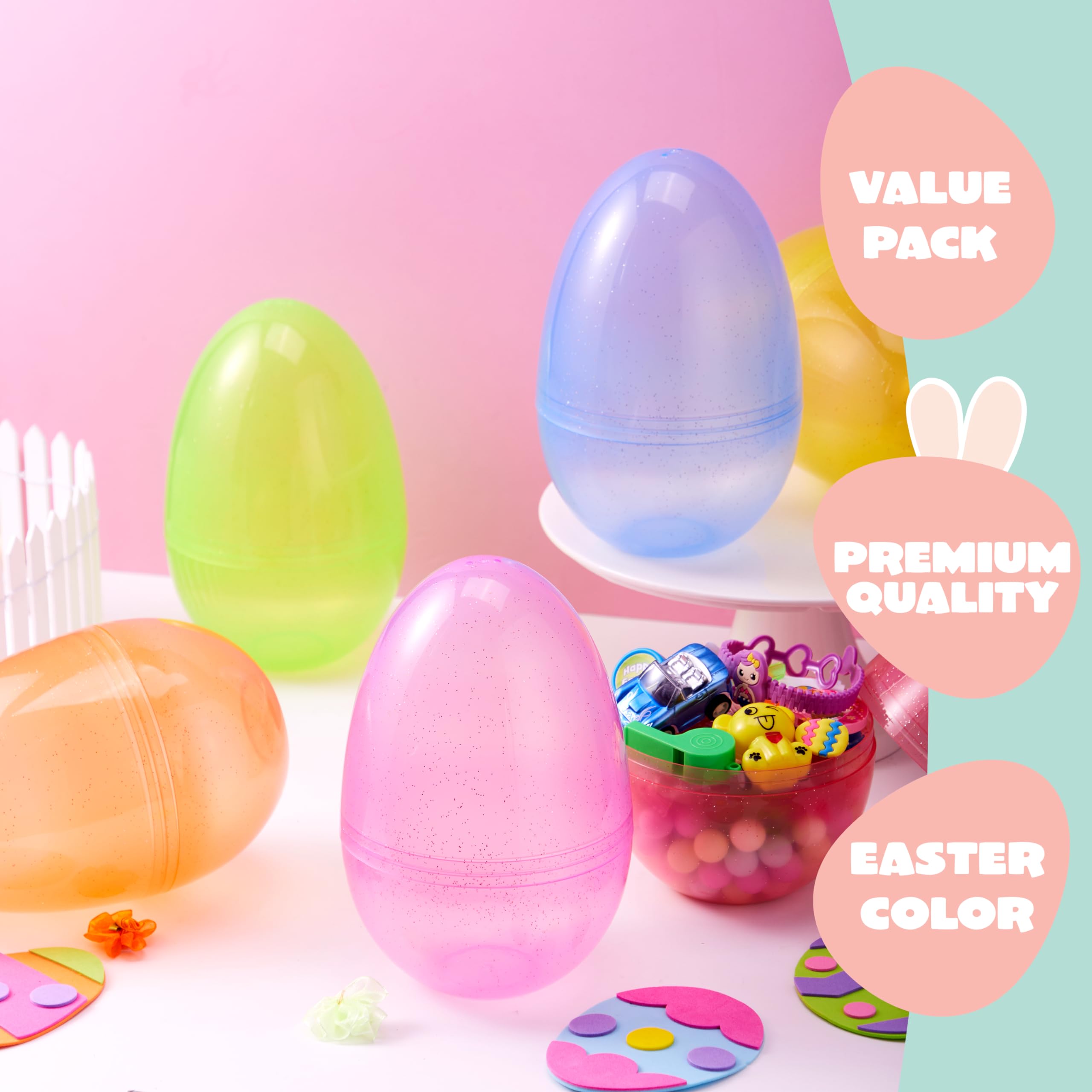 12Pcs Jumbo Clear Glitter Plastic Easter Eggs Fillable Hunt Basket Stuffers - Image 3