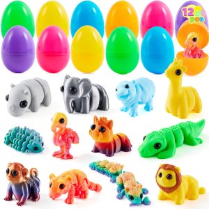 12 Pcs Prefilled Easter Eggs with 3D Articulated Wild Animals for Party Favors & Classroom Prizes