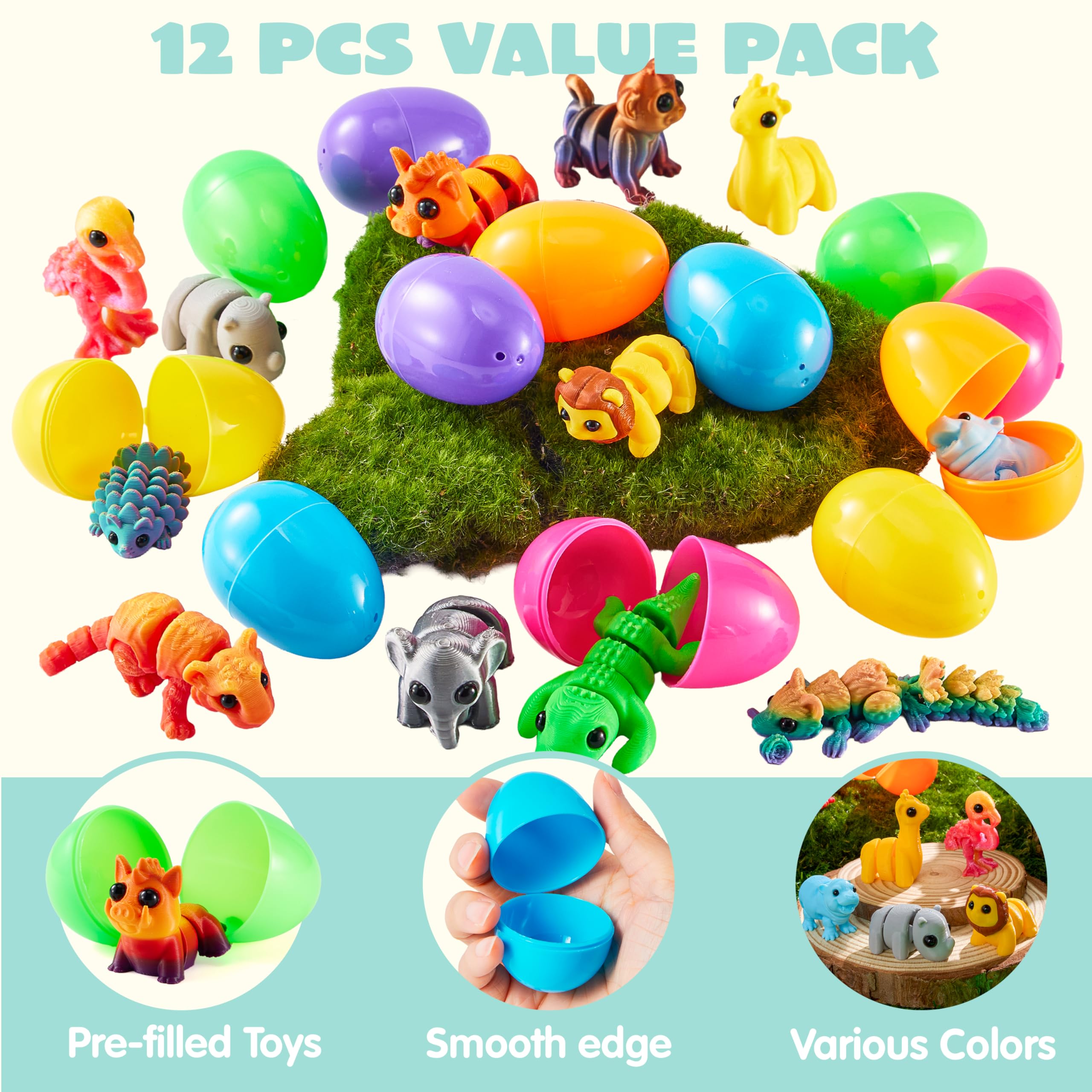 12 Pcs Prefilled Easter Eggs with 3D Articulated Wild Animals for Party Favors & Classroom Prizes - Image 2