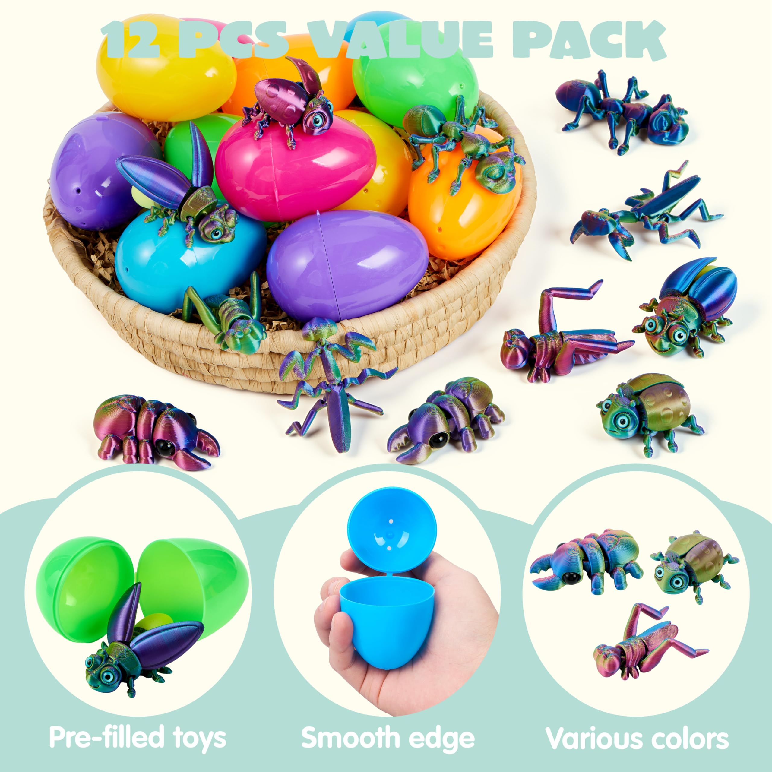 12 Pcs Prefilled Easter Eggs with 3D Printed Insects Toys - Image 5