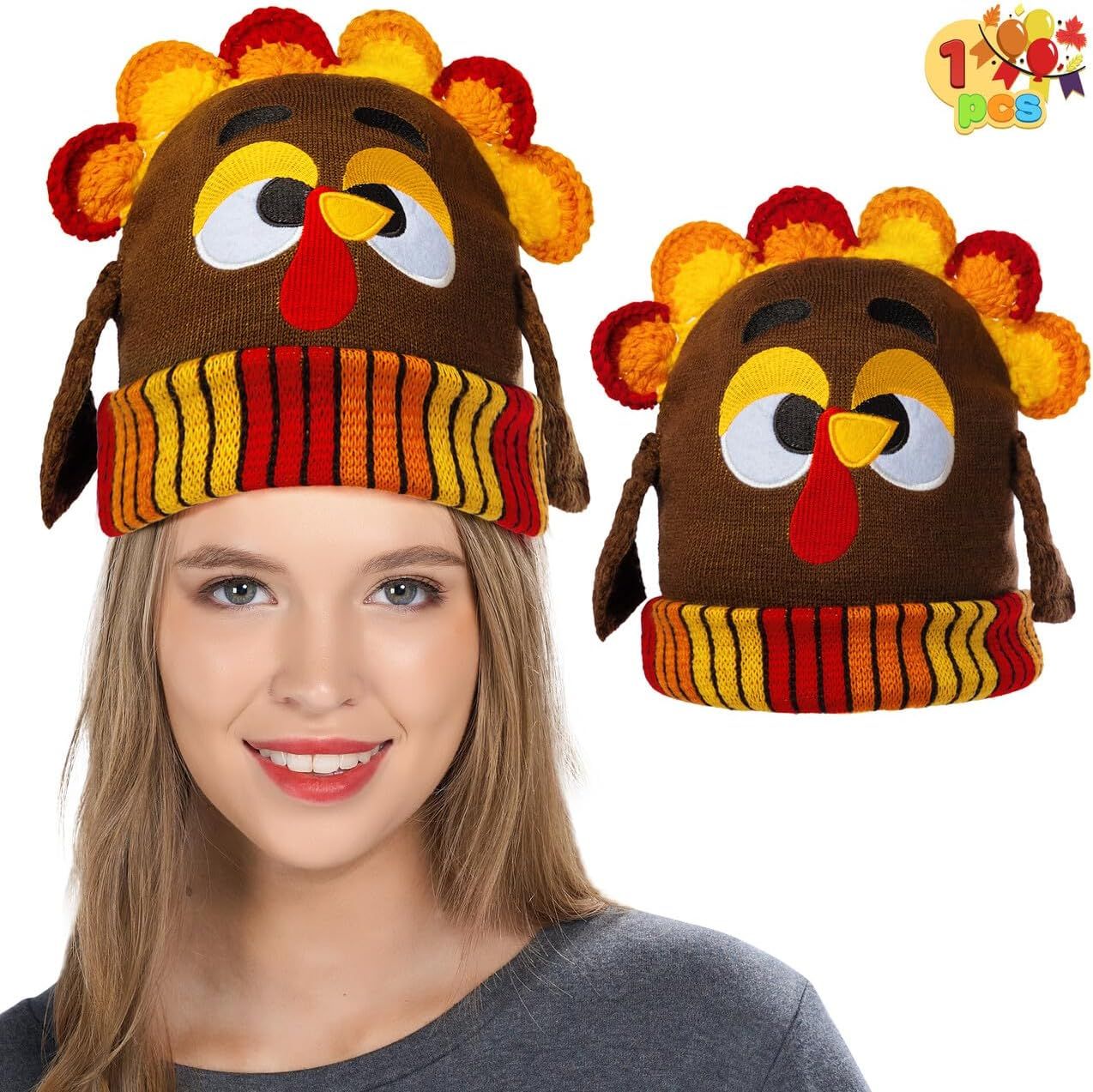 Thanksgiving Cute Pom Turkey Beanie Knitted Hat - Image 2