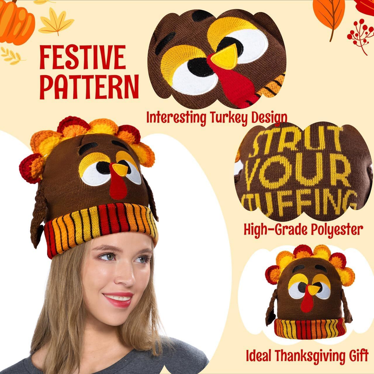 Thanksgiving Cute Pom Turkey Beanie Knitted Hat - Image 3