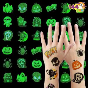 144 PCS Halloween Glowing Temporary Tattoos for Kids, 12 Designs Luminous Tattoo stickers
