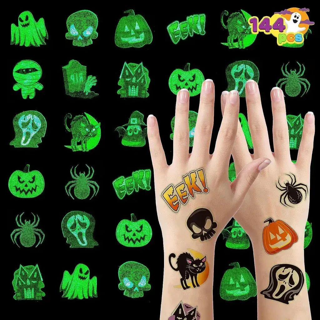 144 PCS Halloween Glowing Temporary Tattoos for Kids, 12 Designs Luminous Tattoo stickers