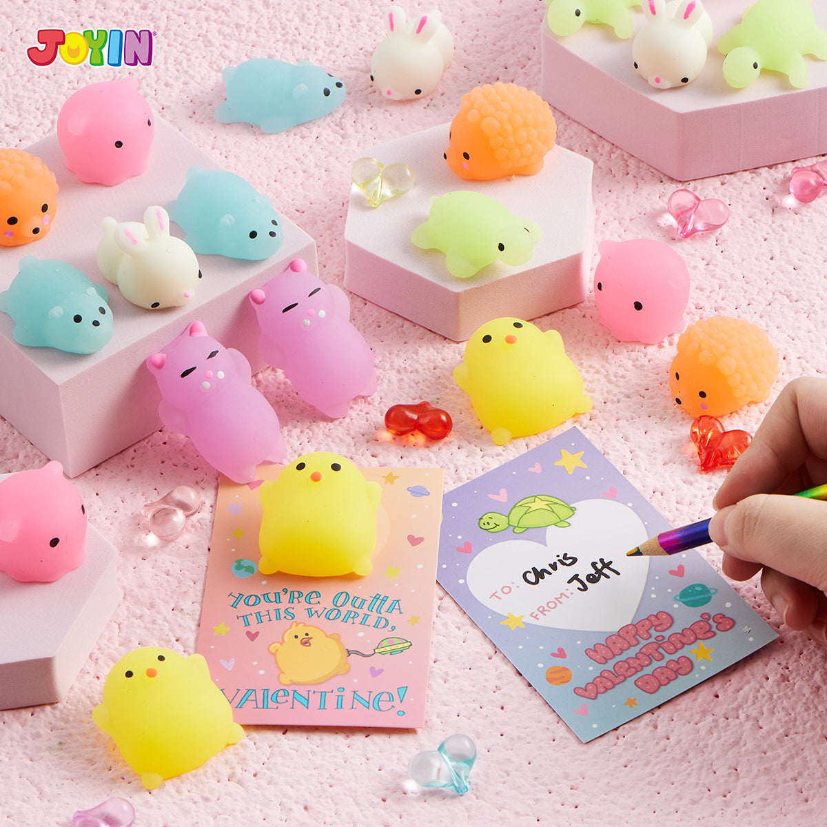 28Pcs Mochi Squishy Toys with Glow-in-The-Dark Kids Valentines Exchange Cards - Image 5