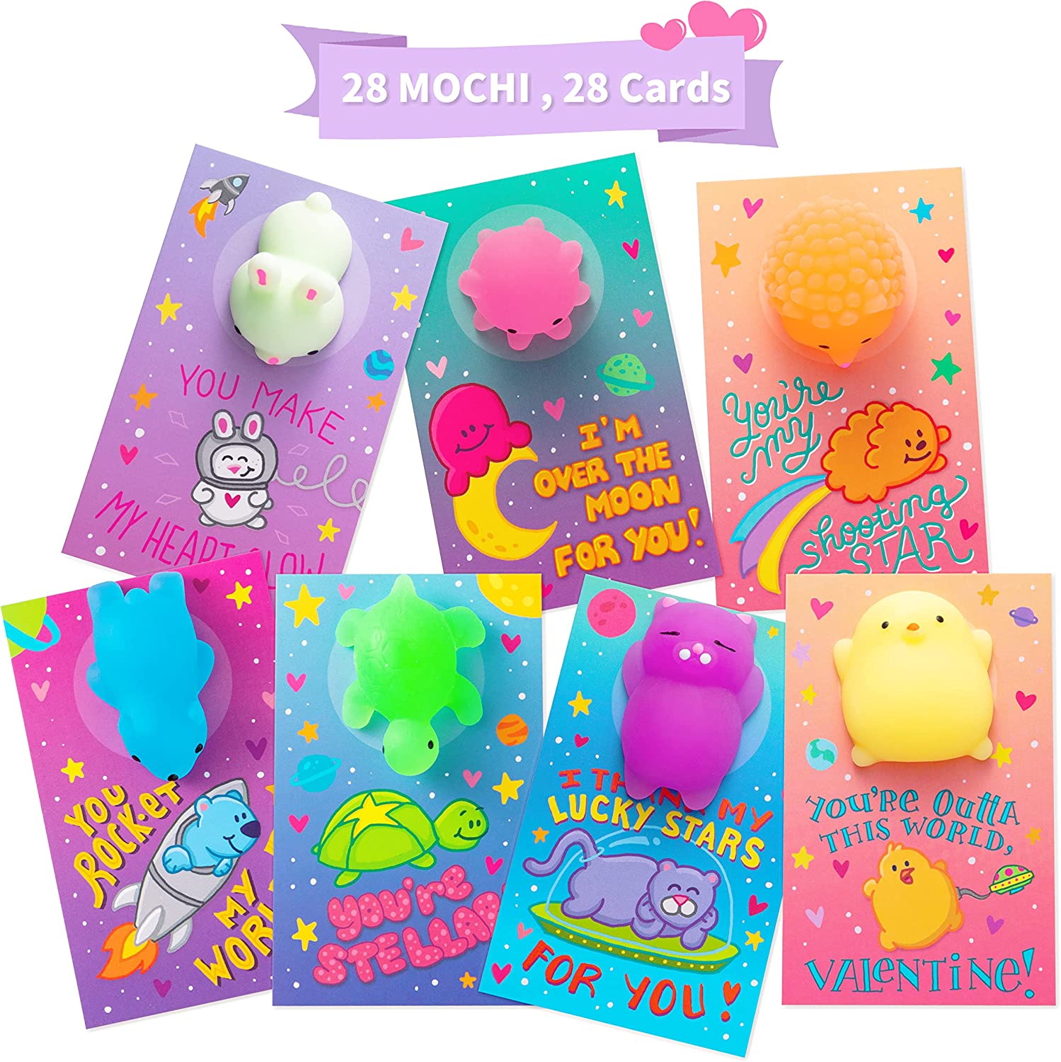 28Pcs Mochi Squishy Toys with Glow-in-The-Dark Kids Valentines Exchange Cards - Image 4