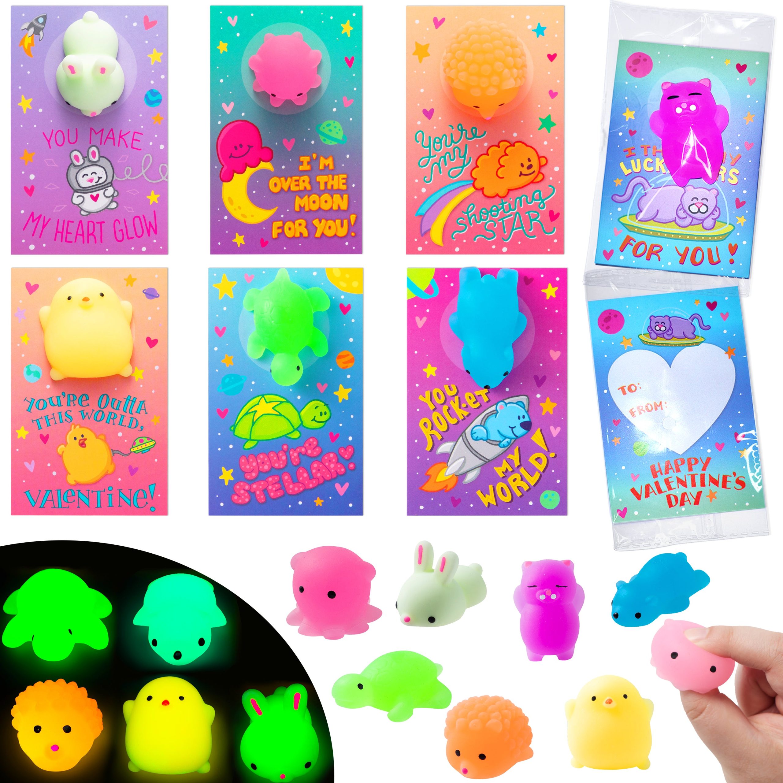 28Pcs Mochi Squishy Toys with Glow-in-The-Dark Kids Valentines Exchange Cards - Image 7