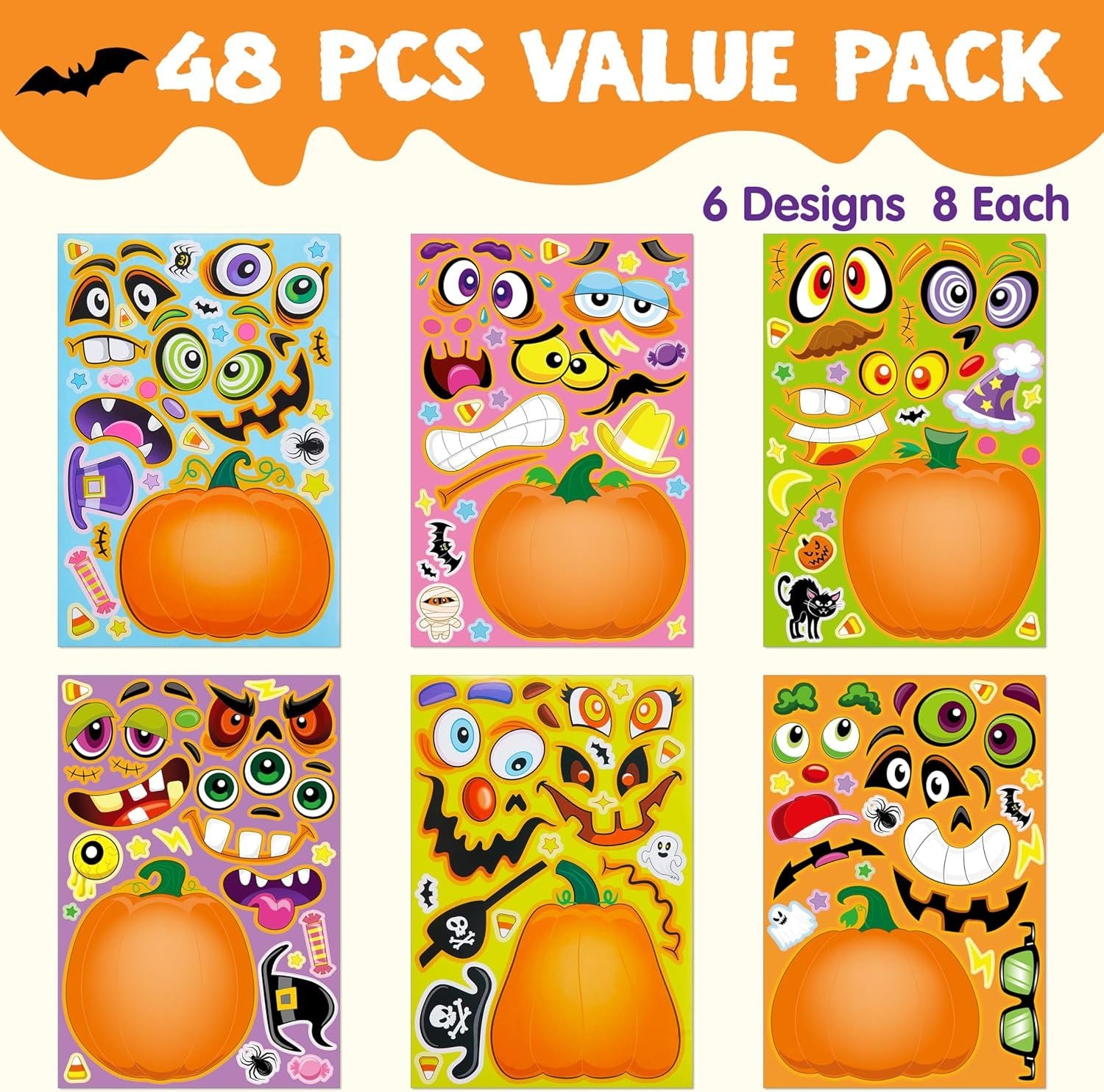48PCS Halloween Pumpkin Make-a-face Sticker Sheets - Image 2