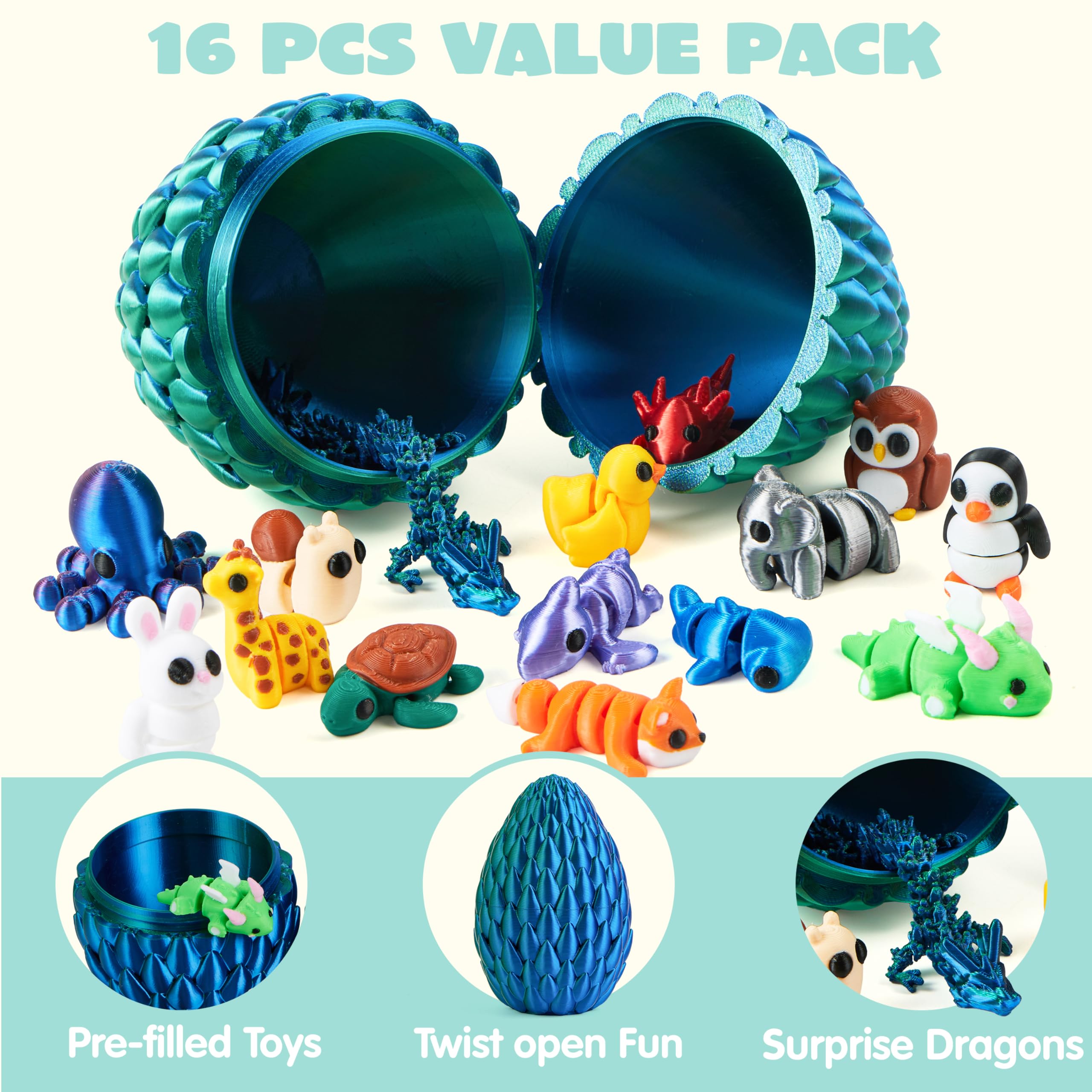15 Pcs 3D Printed Articulated Fidget Toys, Mini Animals & Dragon Egg, Easter Party Favors for Kids - Image 3