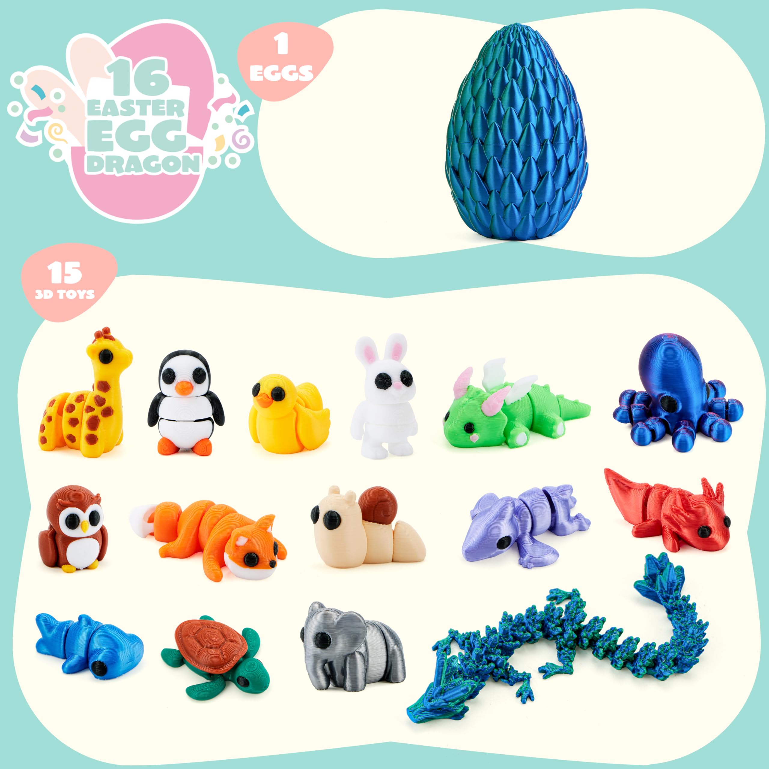 15 Pcs 3D Printed Articulated Fidget Toys, Mini Animals & Dragon Egg, Easter Party Favors for Kids - Image 5