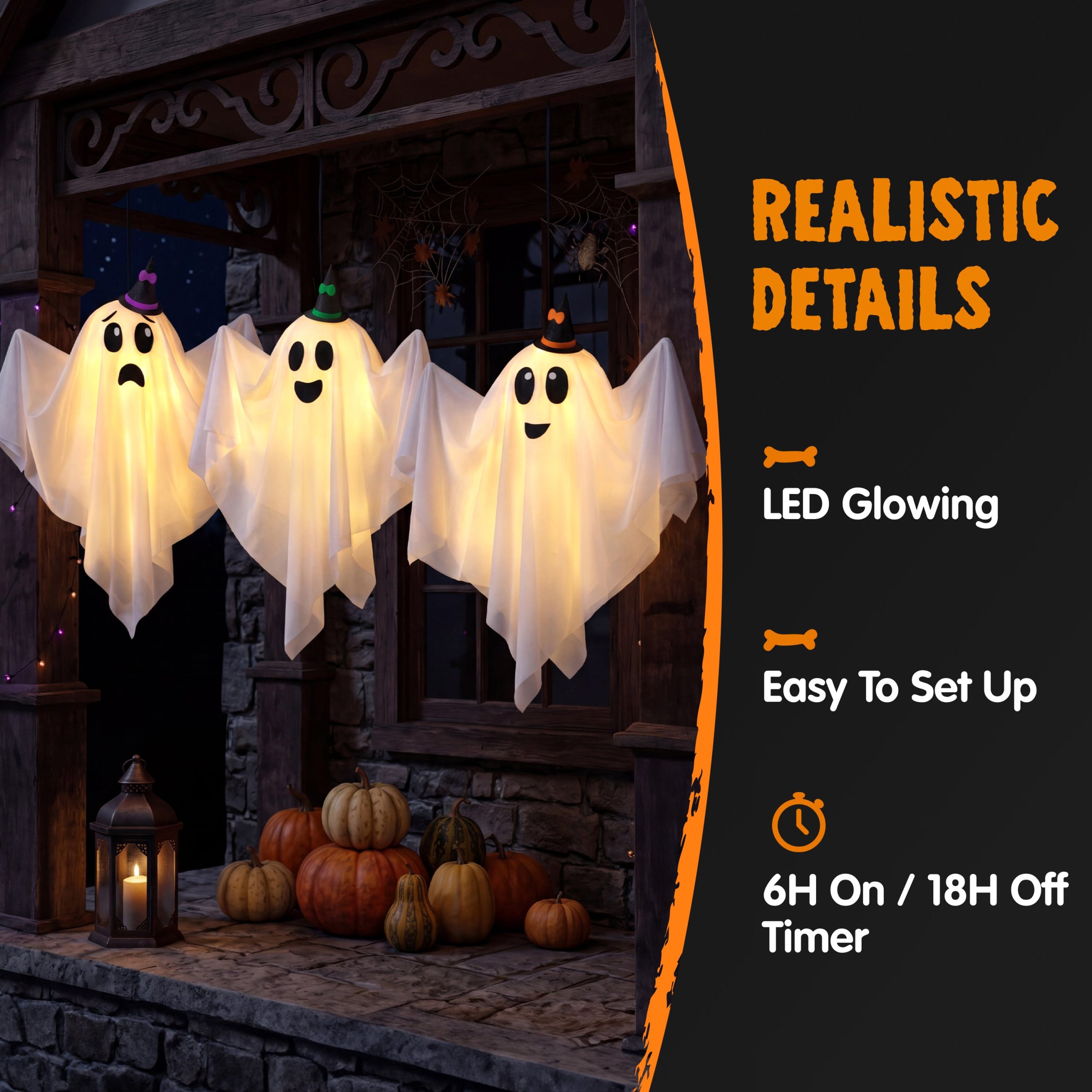 JOYIN 3 Pack 19 Inch Cute Halloween Hanging Ghost with Witch Hat - Image 4