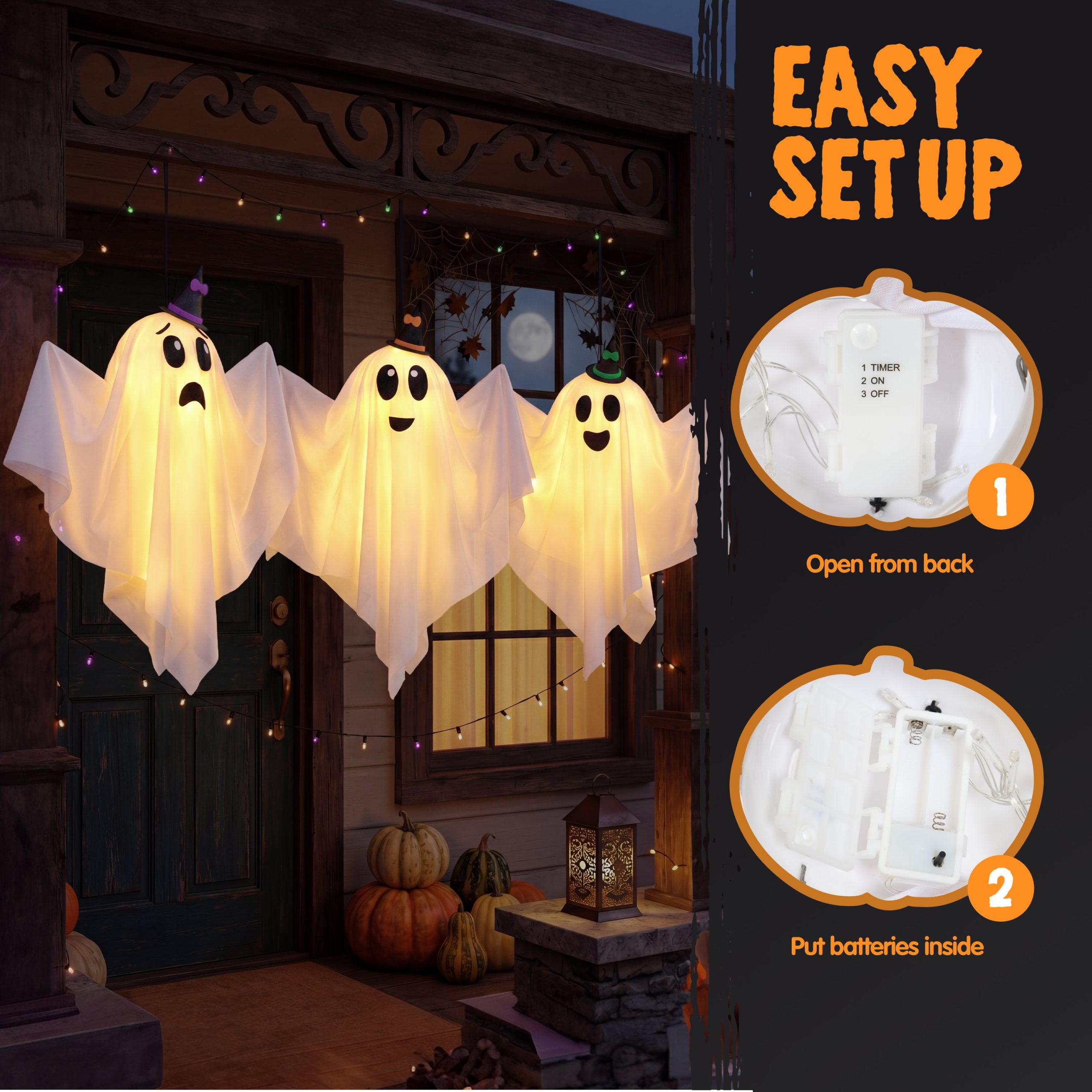 JOYIN 3 Pack 19 Inch Cute Halloween Hanging Ghost with Witch Hat - Image 5