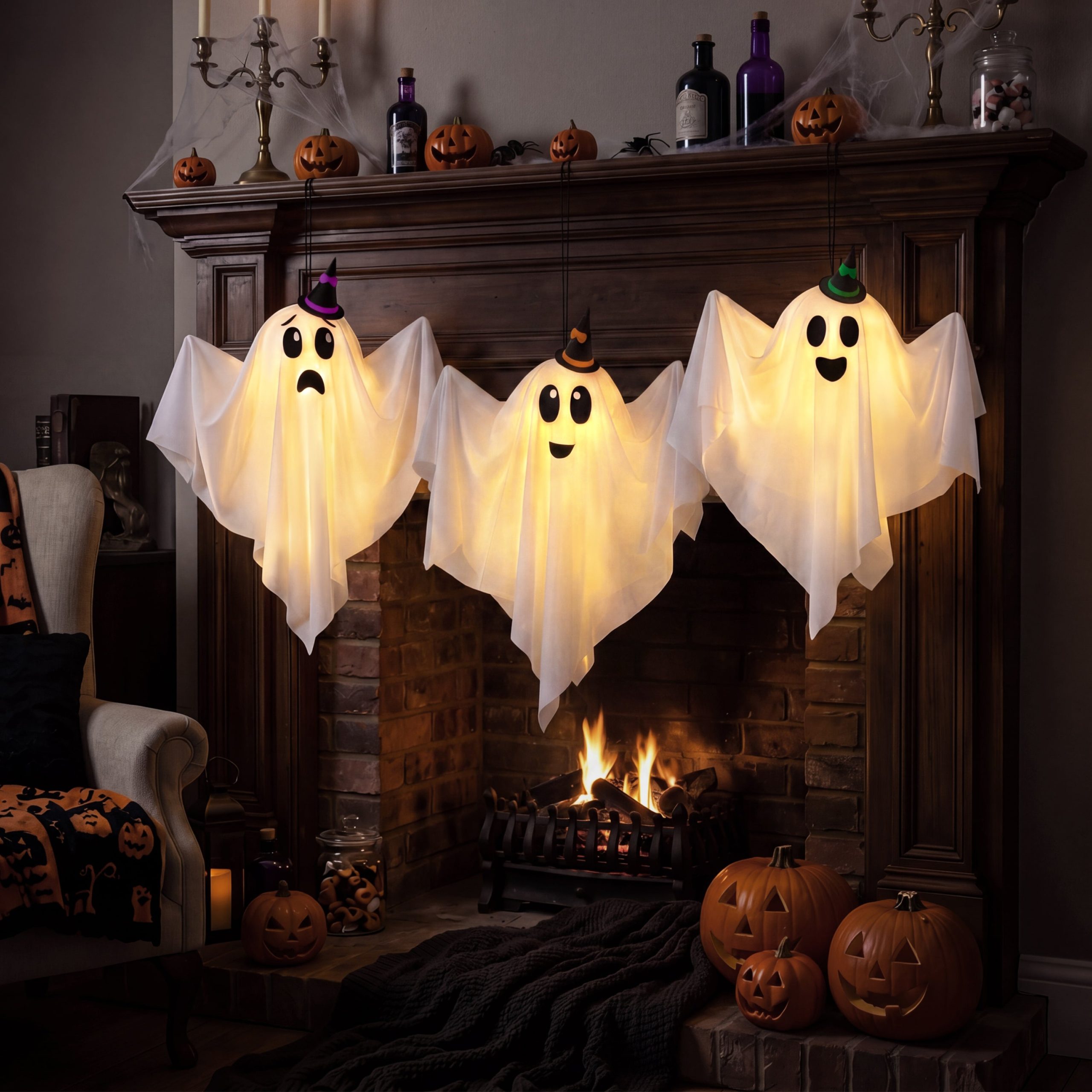 JOYIN 3 Pack 19 Inch Cute Halloween Hanging Ghost with Witch Hat - Image 8