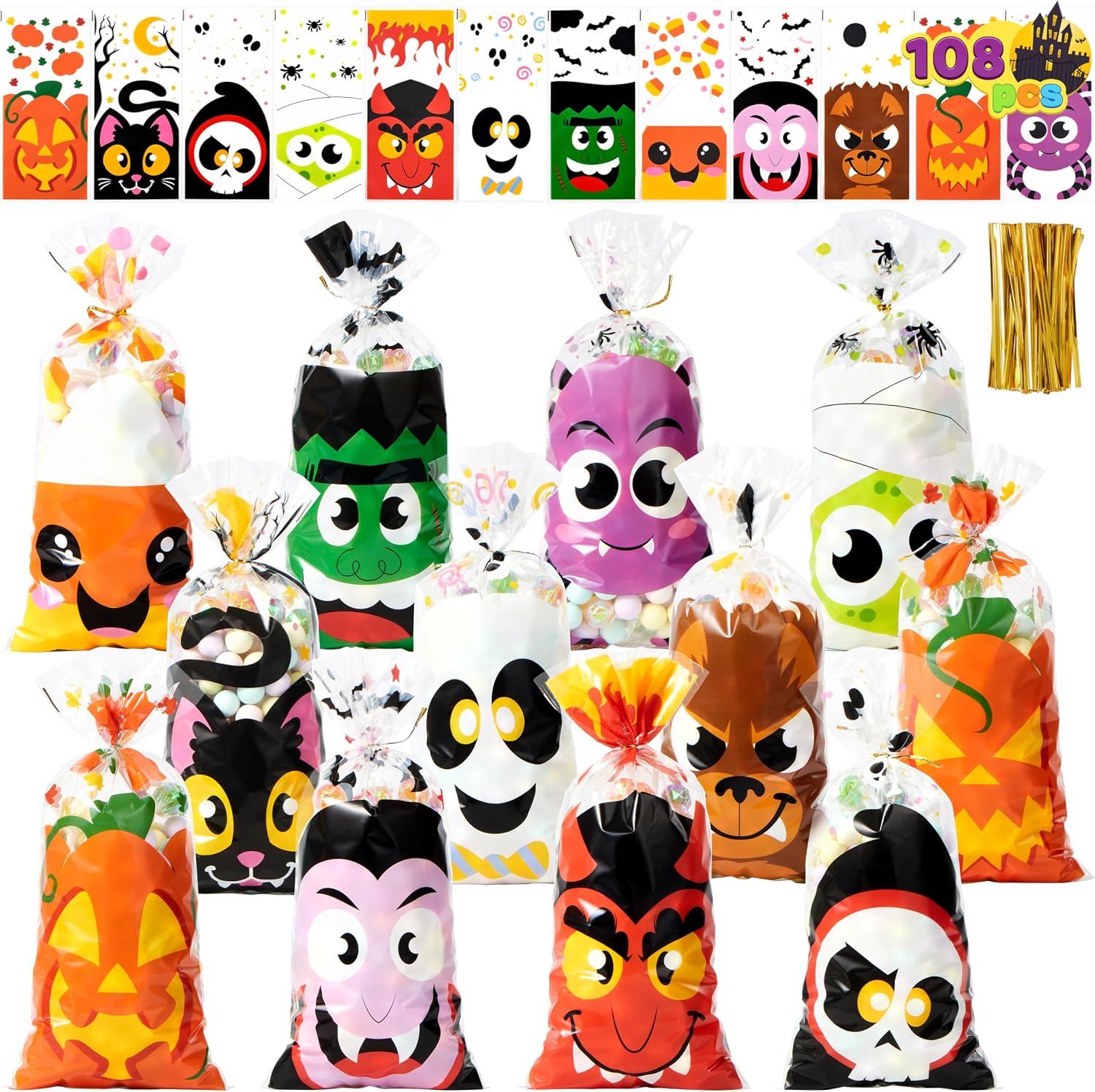 JOYIN 108 Pcs Halloween Treat Bags with Ties