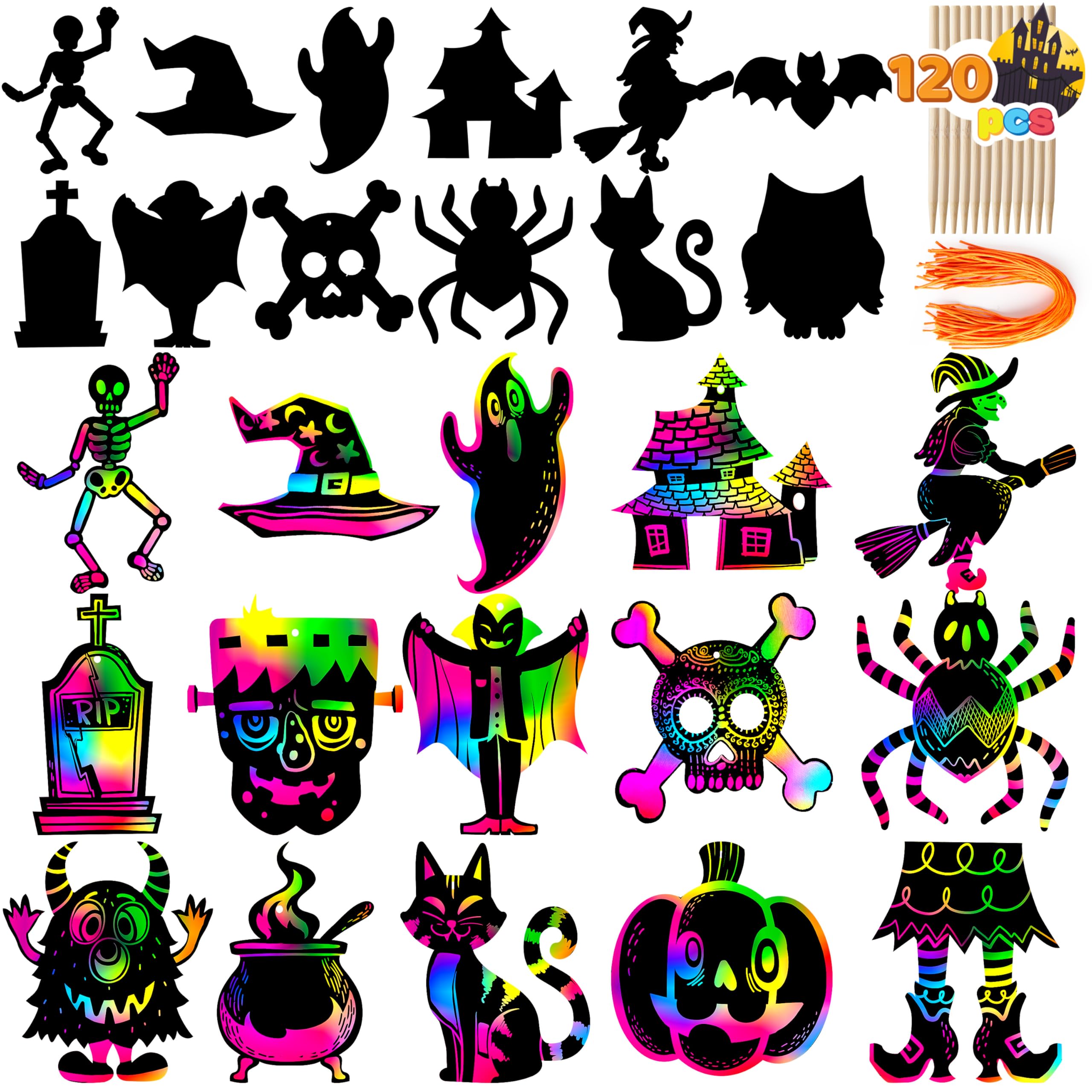 120 Pcs Halloween Rainbow Scratch Art Crafts for Kid