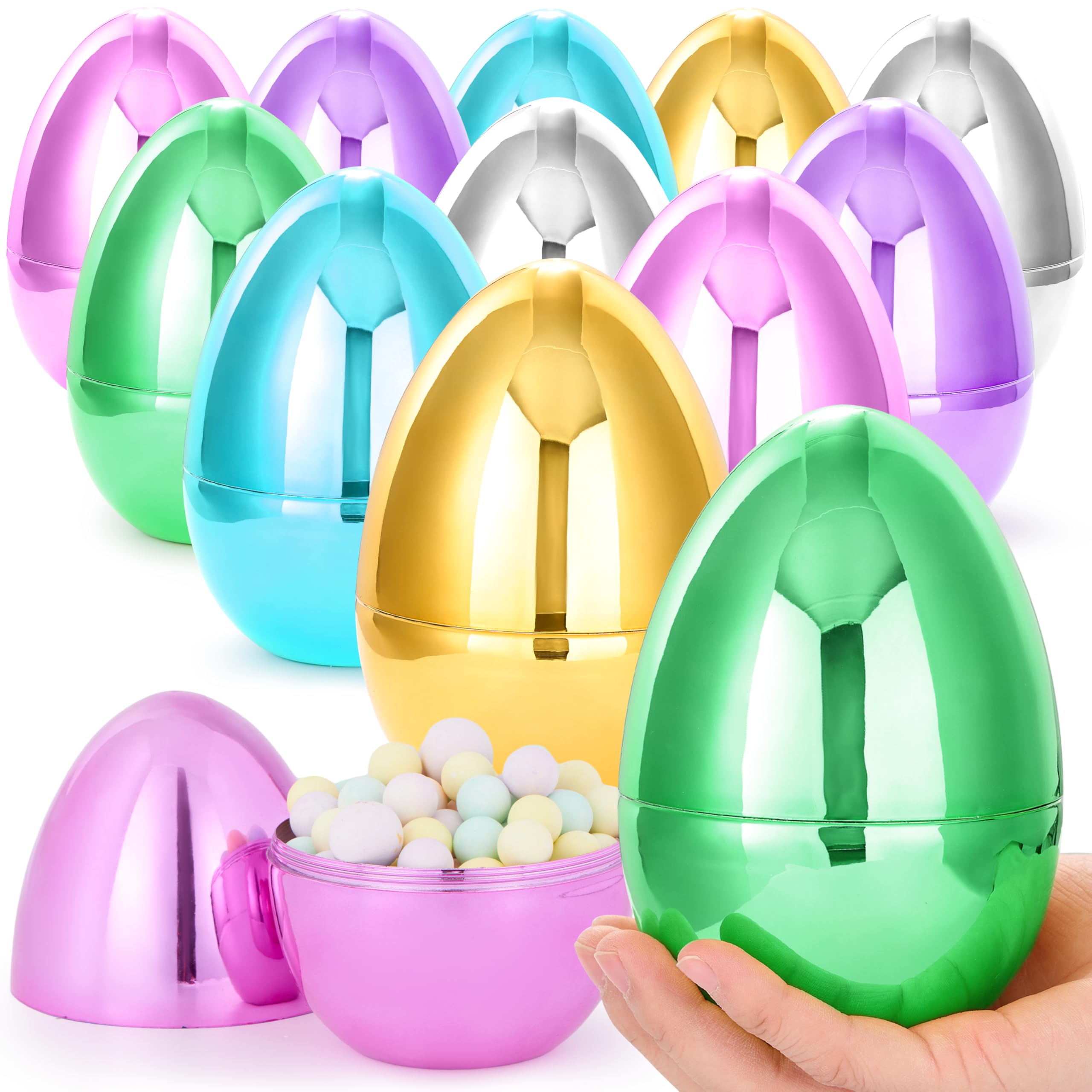 12Pcs Large Metallic Easter Eggs, 6 Inches Colorful Jumbo Eggs Fillable