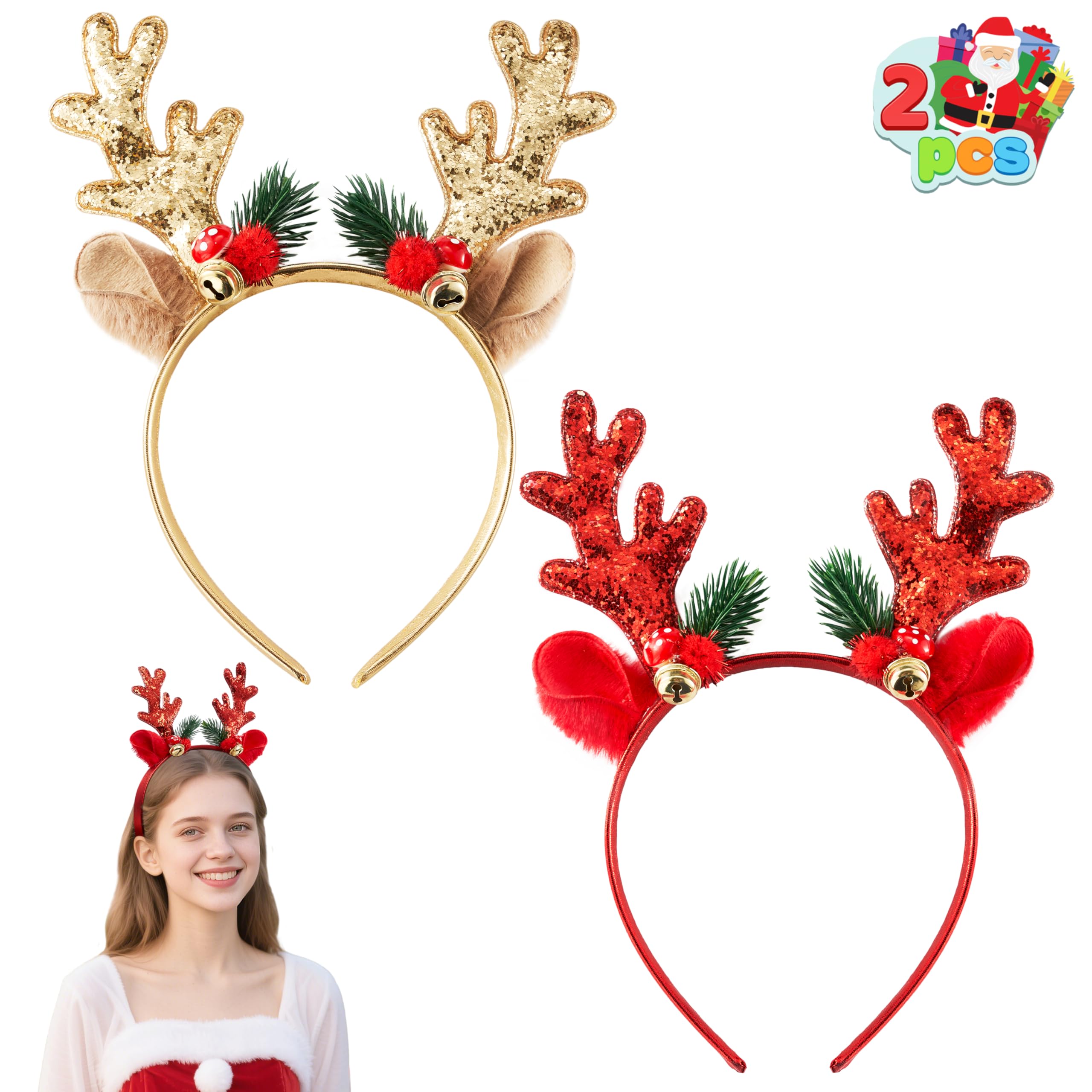 2 Pcs Golden & Red Reindeer Headbands with Glitters
