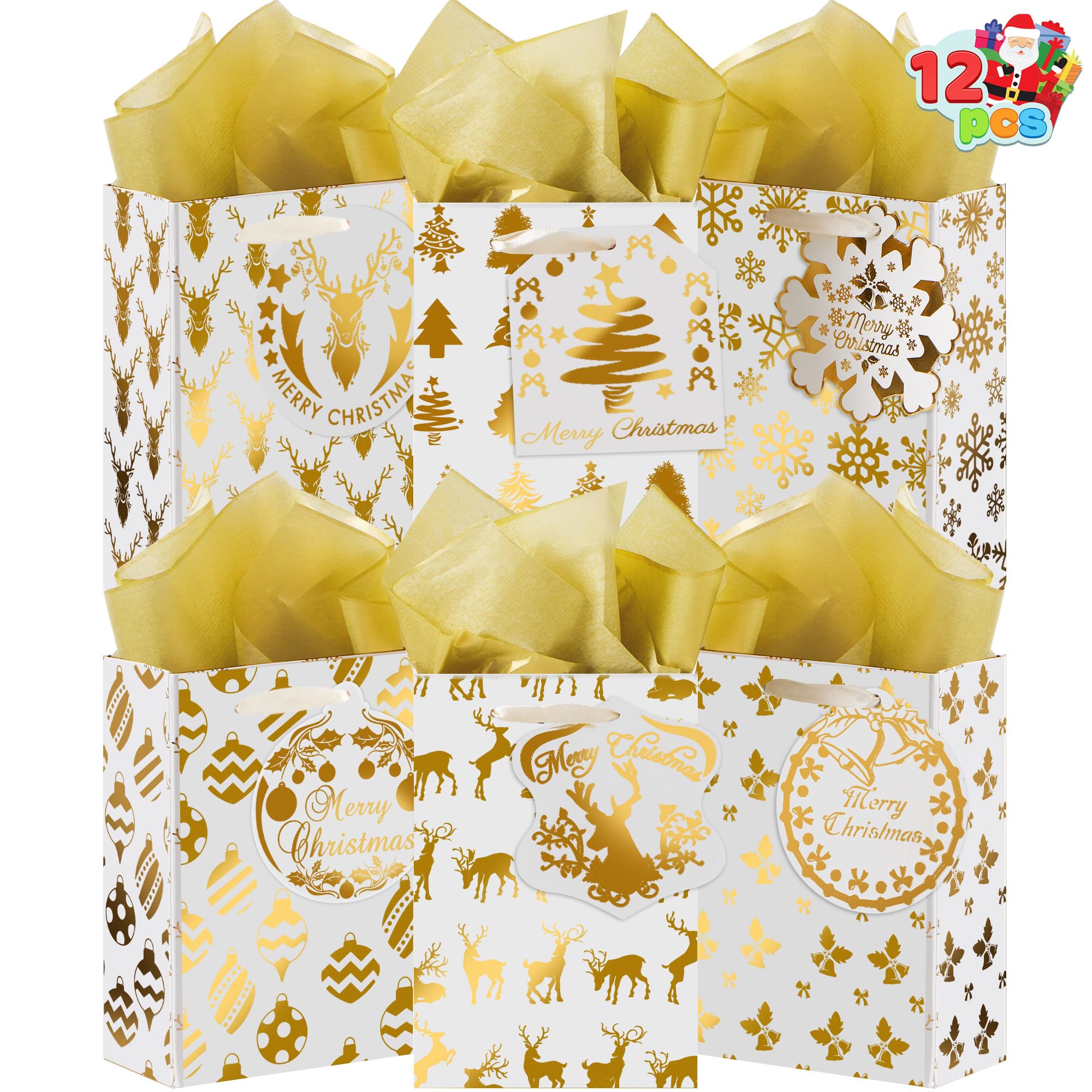 12 PCS Christmas Foil Gold Gift Bags with Tissue Papers and Name Card Tags