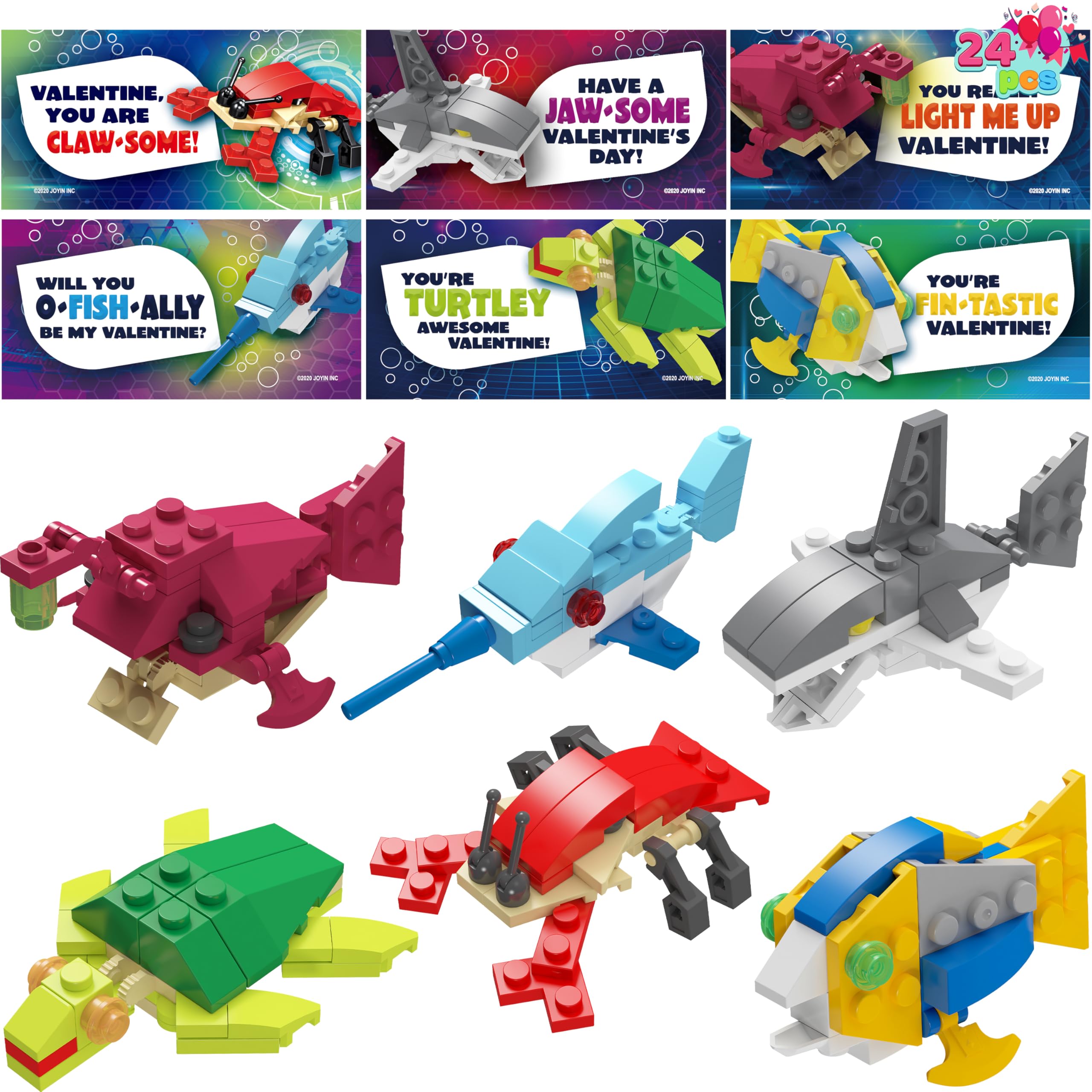 24 Packs Valentines Day Cards with Sea Animal Building Blocks for Gifts Party Favor