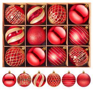 12 Pcs 3.15 Red Gold Christmas Balls Ornaments Set