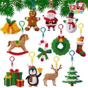 12 Pcs Christmas Diamond Art Ornaments Kit, 5D DIY Craft with Keychains for Kids