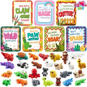 28 Pcs 3D Printed Mini Animals with Valentine Greeting Cards for Kids