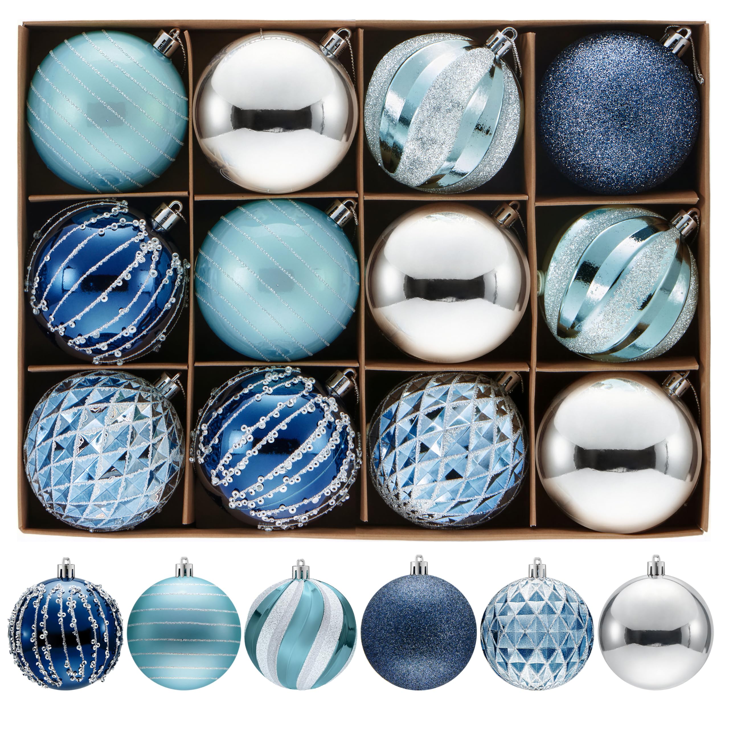 12 Pcs 3.15 Blue Silve Christmas Balls Ornaments Set