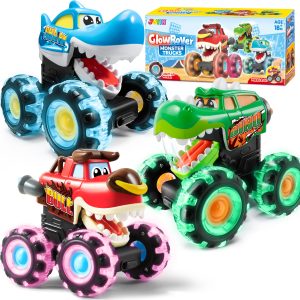 3 Pack Monster Truck Toy - Motion Activated Light Up Cars for Toddlers