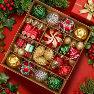 82 Pcs Assorted Christmas Ornaments Ball Set, 3.15 Red Gold Green Deluxe