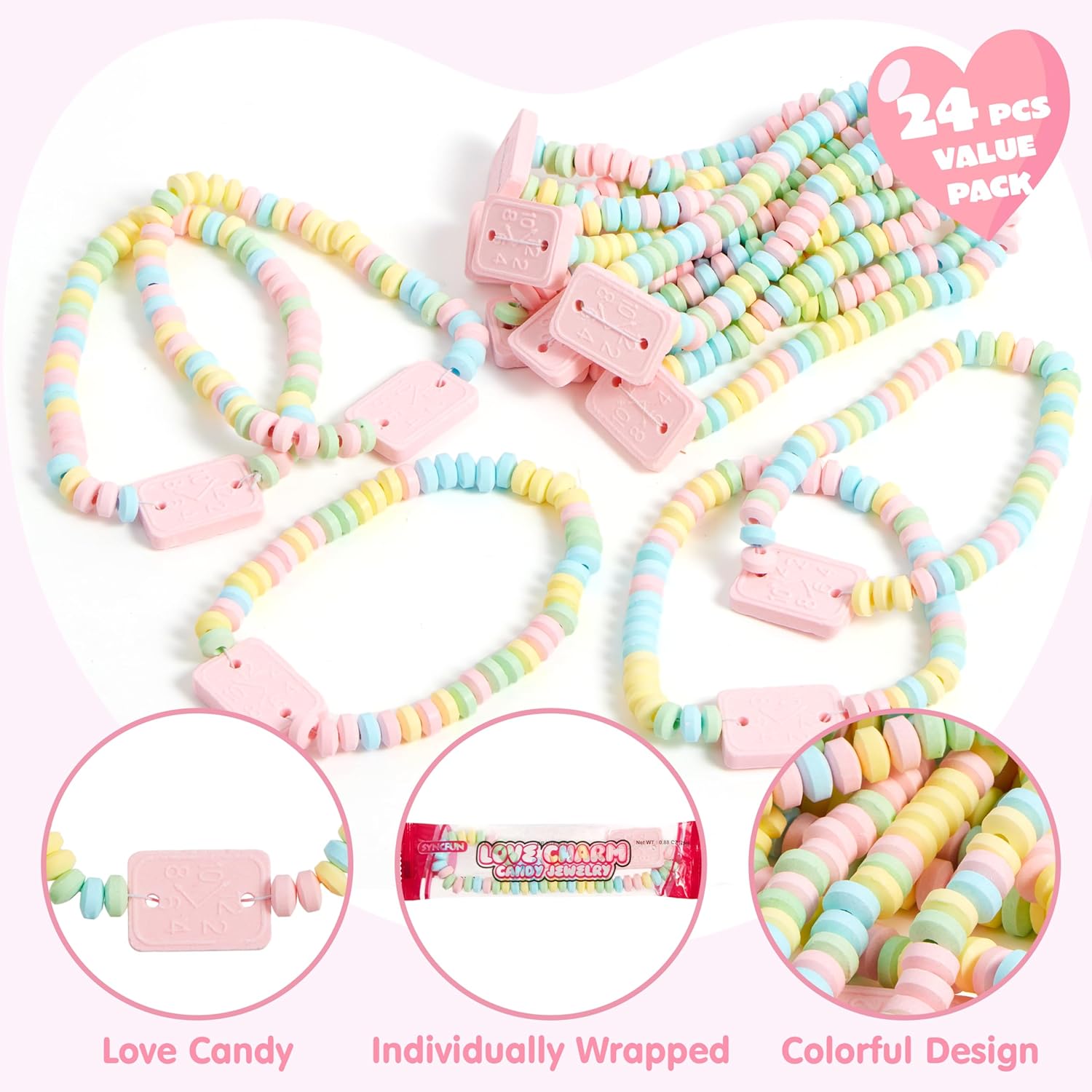 24PCS Valentines Day Bracelet Candy, Individually Wrapped Color Snacks Tiny for Kids - Image 5