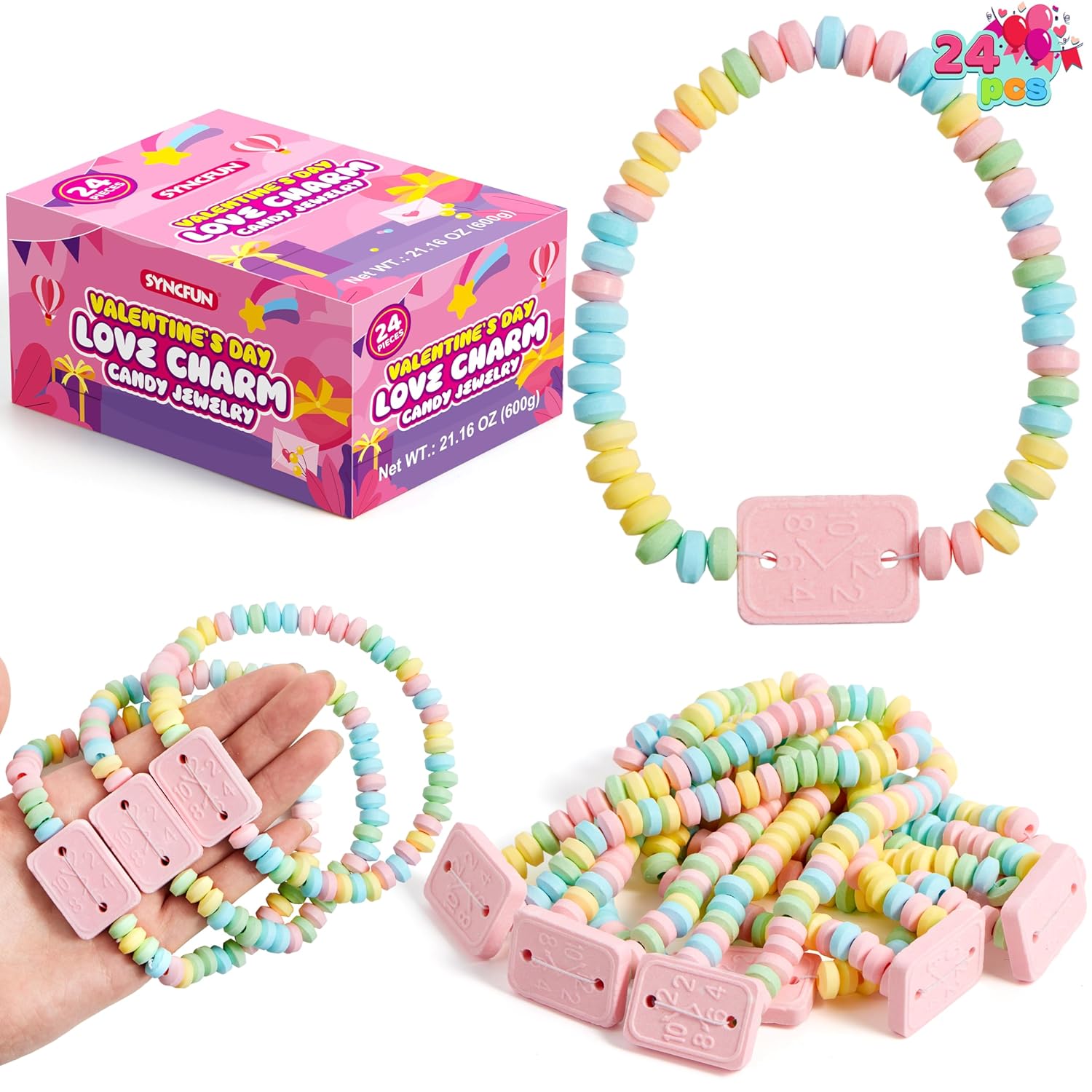 24PCS Valentines Day Bracelet Candy, Individually Wrapped Color Snacks Tiny for Kids