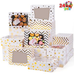 24 Pcs Christmas Cookie Boxes, Gold Foil Treat Boxes with Windows 9 x 6.2 x 3