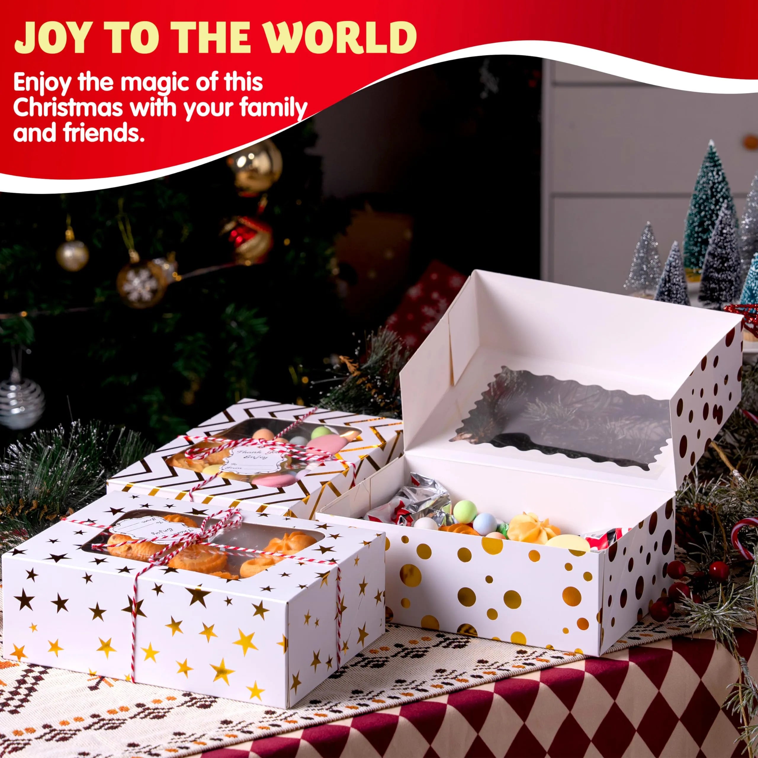 24 Pcs Christmas Cookie Boxes, Gold Foil Treat Boxes with Windows 9 x 6.2 x 3 - Image 3
