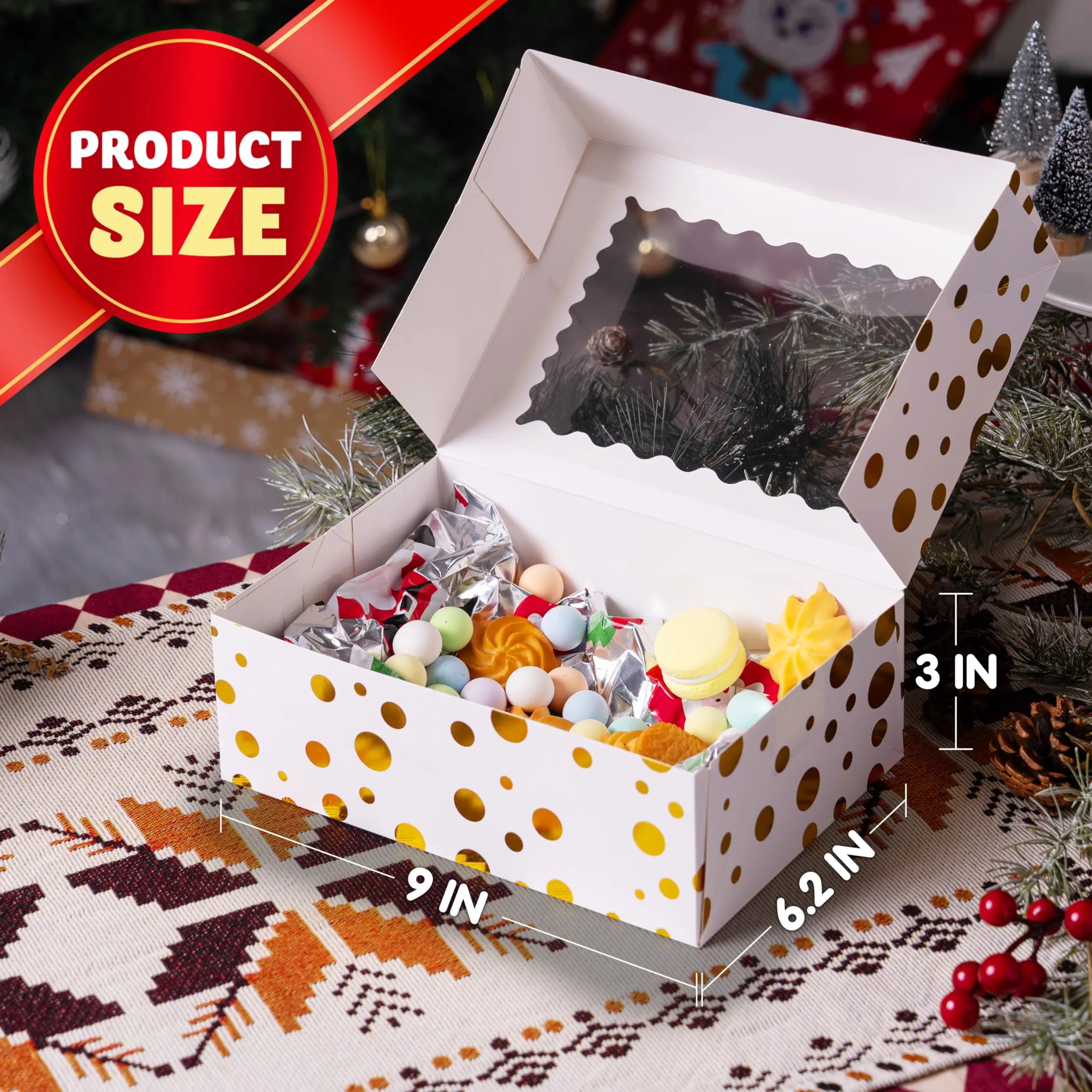 24 Pcs Christmas Cookie Boxes, Gold Foil Treat Boxes with Windows 9 x 6.2 x 3 - Image 4