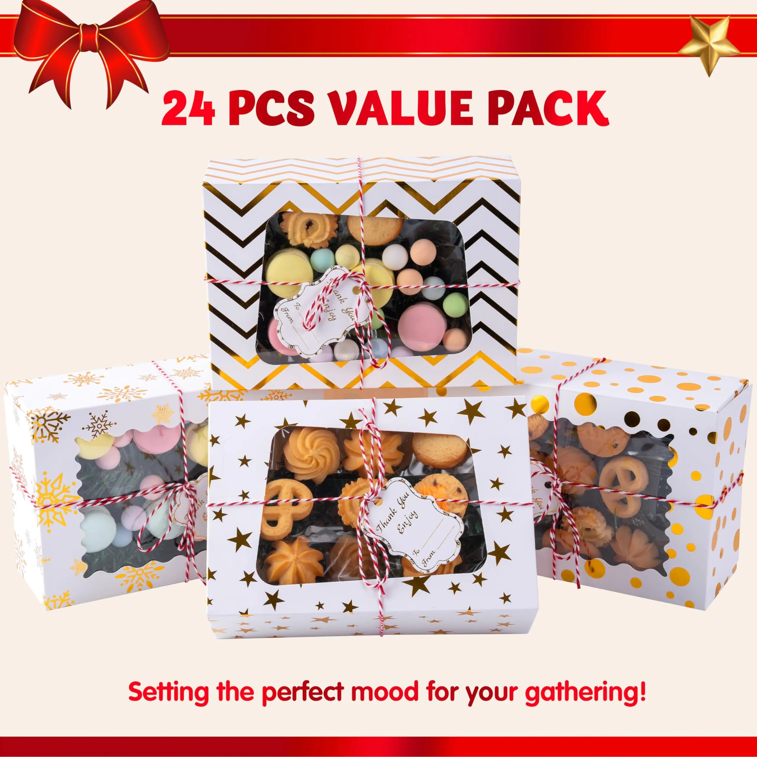 24 Pcs Christmas Cookie Boxes, Gold Foil Treat Boxes with Windows 9 x 6.2 x 3 - Image 5