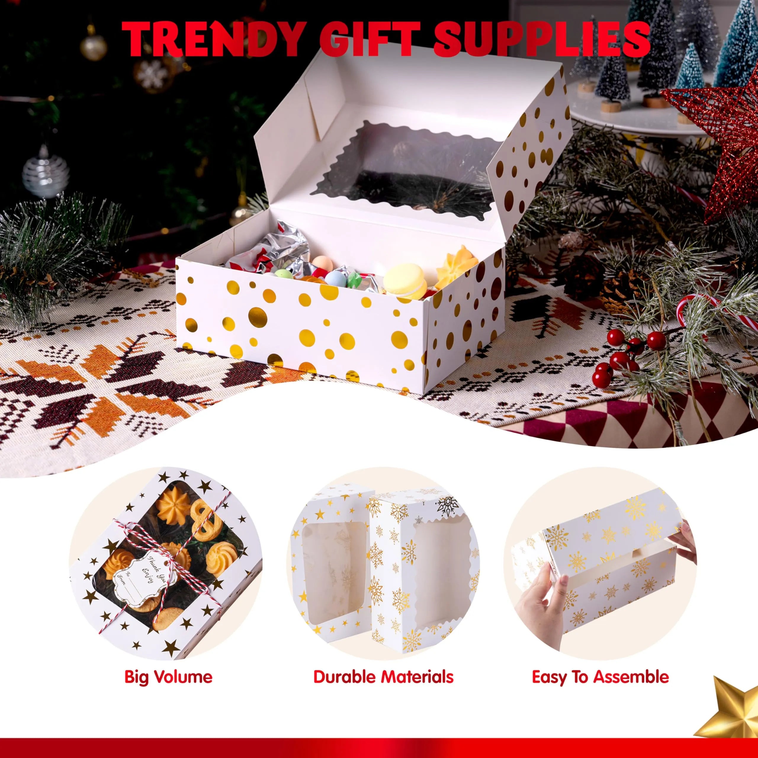 24 Pcs Christmas Cookie Boxes, Gold Foil Treat Boxes with Windows 9 x 6.2 x 3 - Image 7