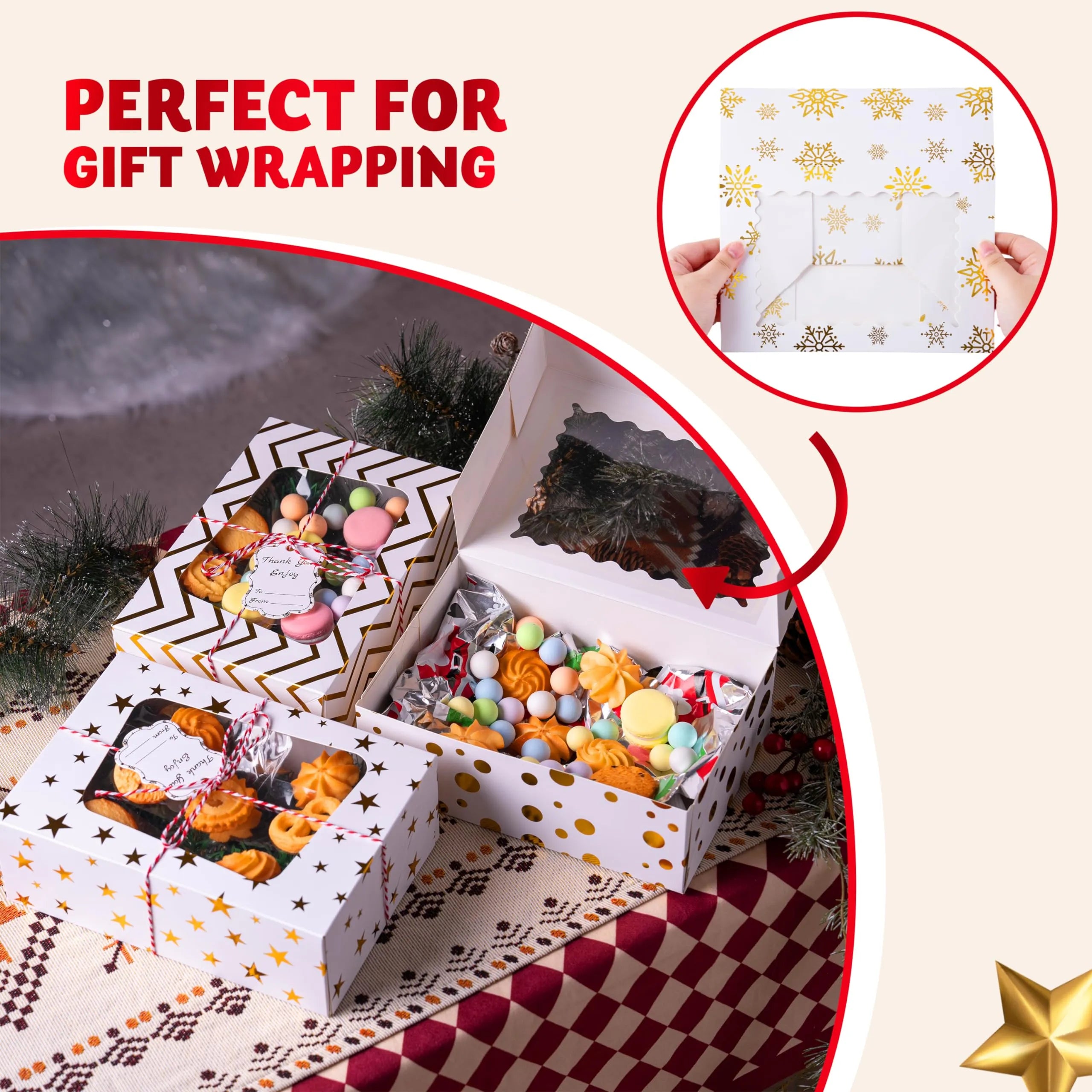 24 Pcs Christmas Cookie Boxes, Gold Foil Treat Boxes with Windows 9 x 6.2 x 3 - Image 8
