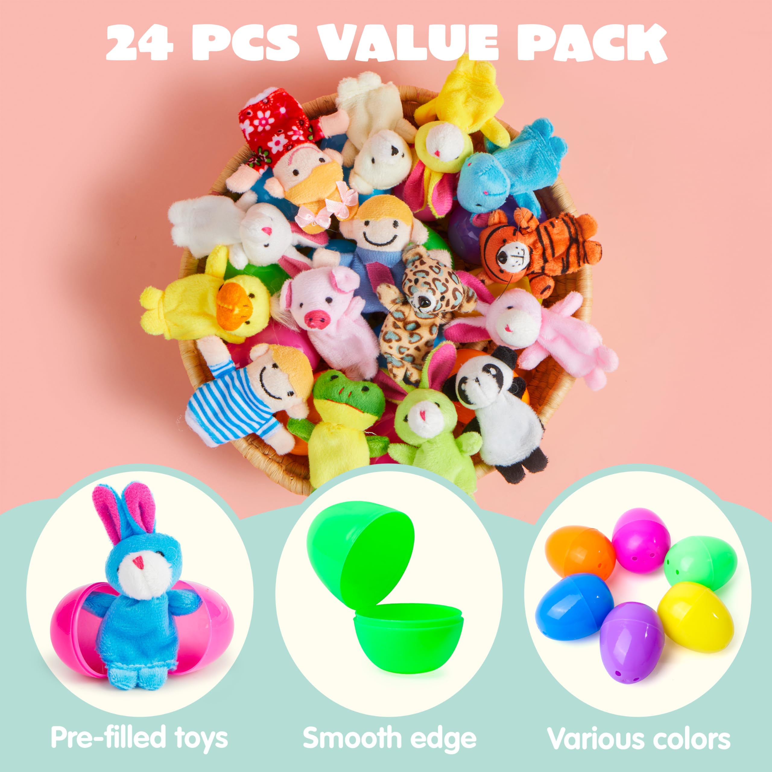 24 Pcs Prefilled Easter Eggs with Finger Puppets for Kids Party & Hunt - Image 3