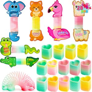 28 Packs Valentine’s Day Critter Kind Gift Cards with Colored Springs for Kids Classroom Exchange