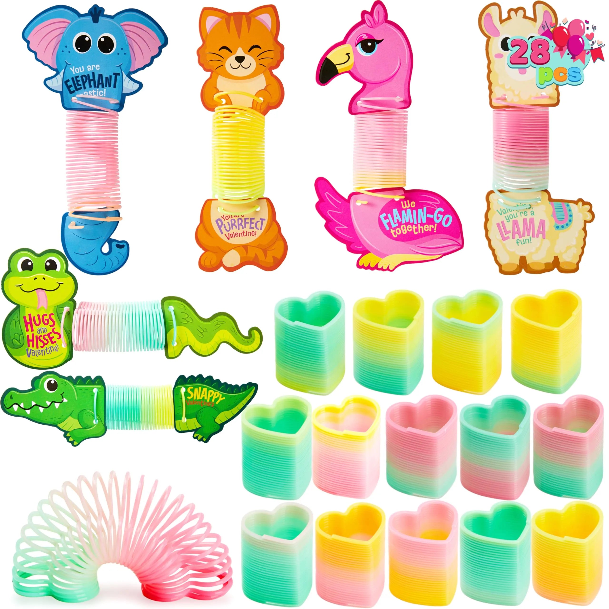28 Packs Valentine’s Day Critter Kind Gift Cards with Colored Springs for Kids Classroom Exchange