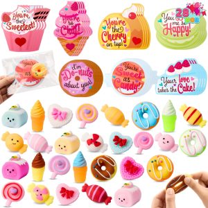 28 Packs Valentine’s Day Gift Cards with Candy Mochi Squishy Toys for Kids Classroom Gift Exchange