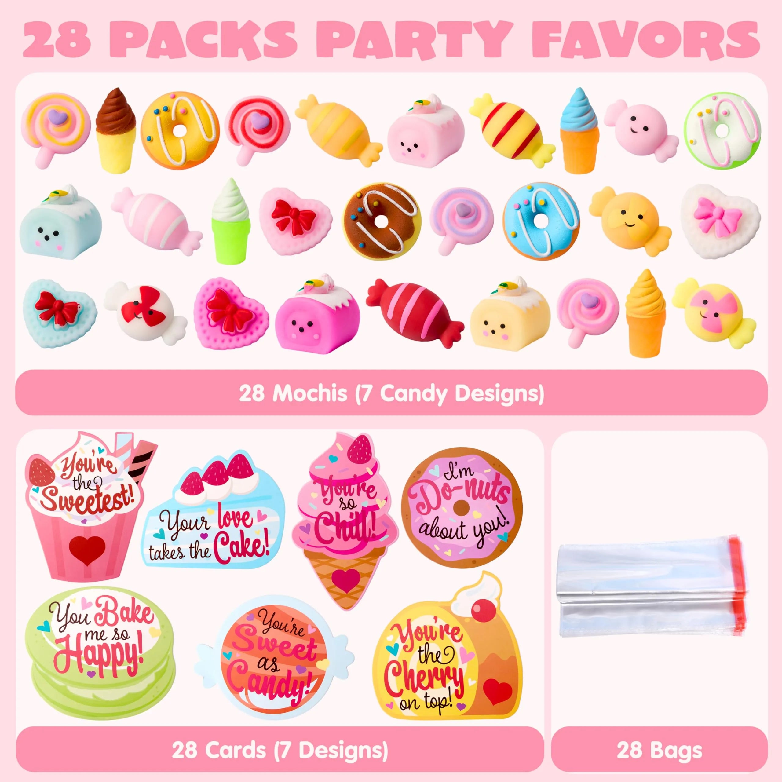 28 Packs Valentine’s Day Gift Cards with Candy Mochi Squishy Toys for Kids Classroom Gift Exchange - Image 2